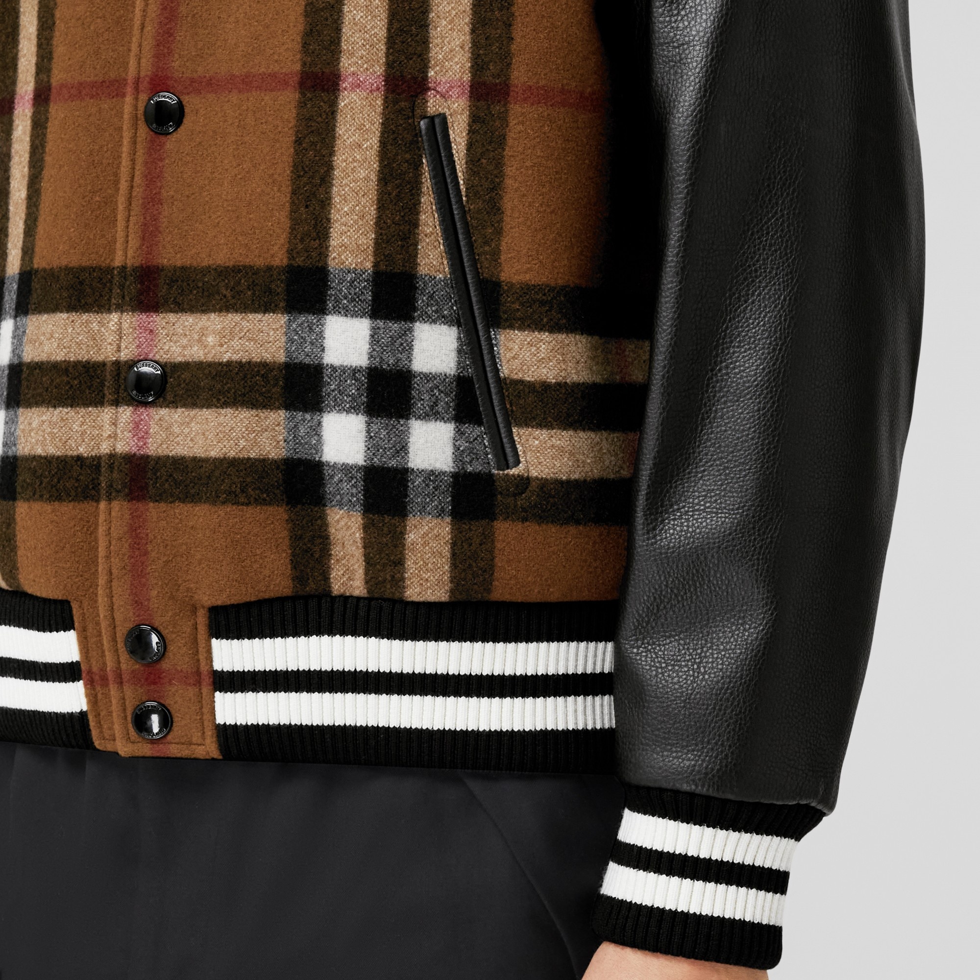 Check Technical Wool and Leather Bomber Jacket - 4