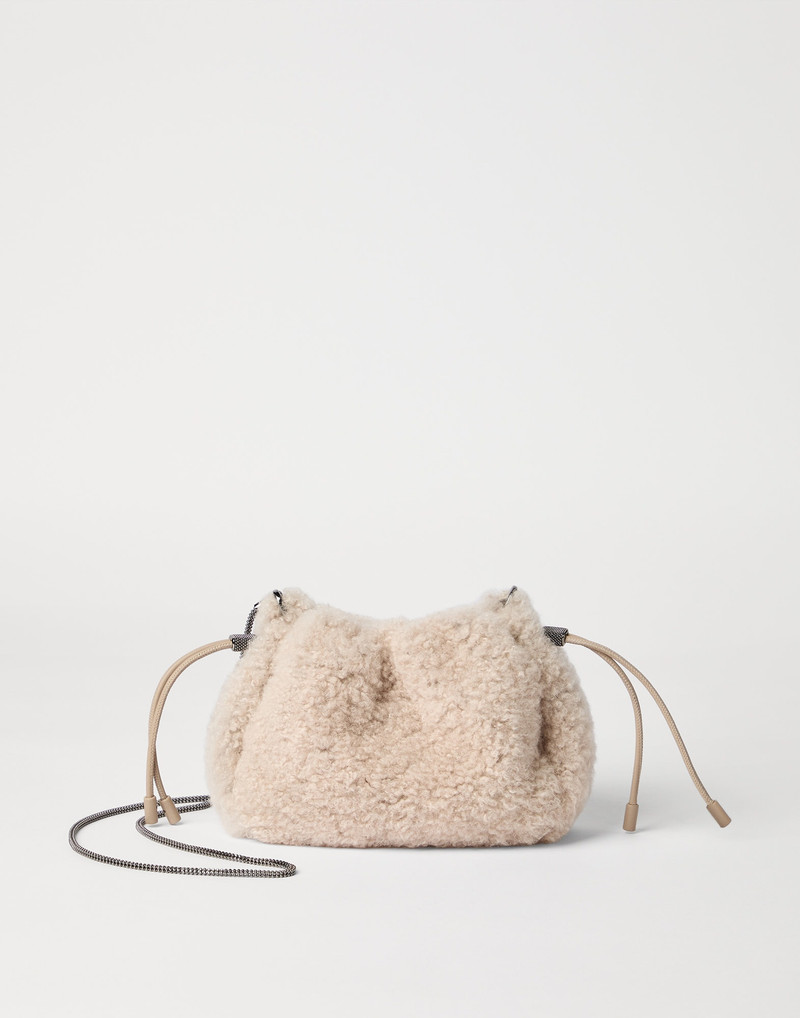 Mellow mini bucket bag in fuzzy shearling with precious chain 1