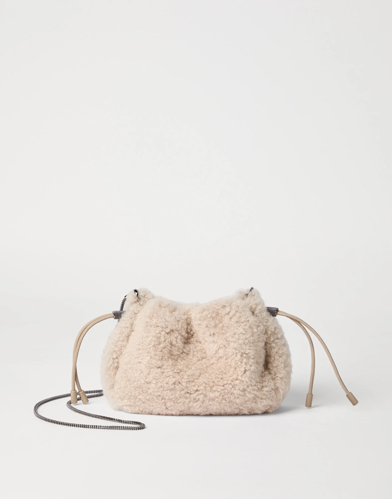 Mellow mini bucket bag in fuzzy shearling with precious chain - 1