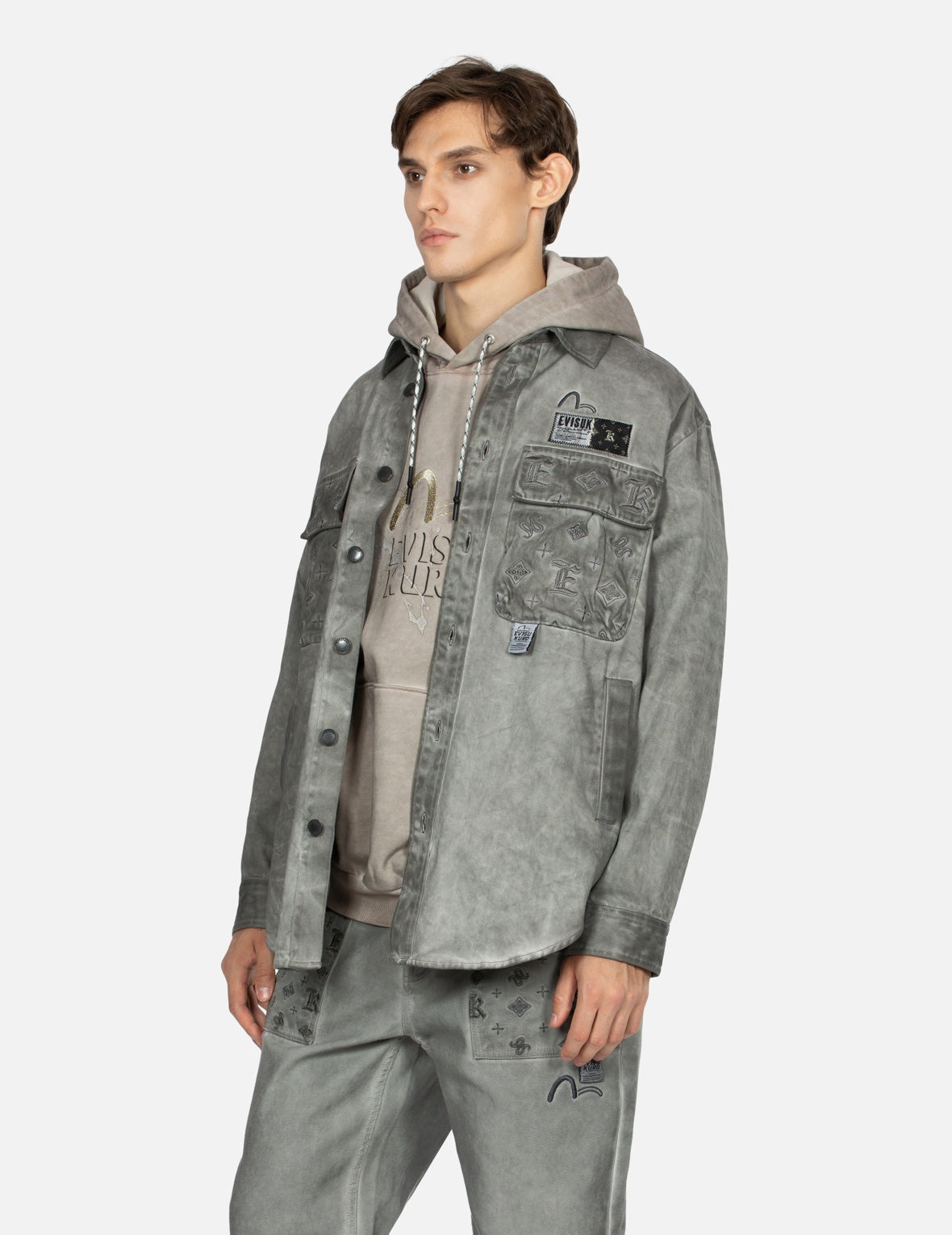 Monogram Embroidered Pockets Relaxed Fit Shirt Jacket - 8