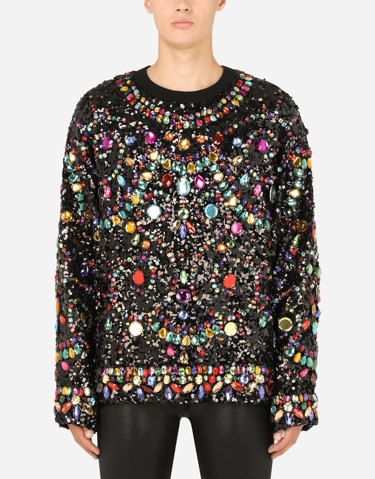 Multi-colored sequined T-shirt with crystals - 1