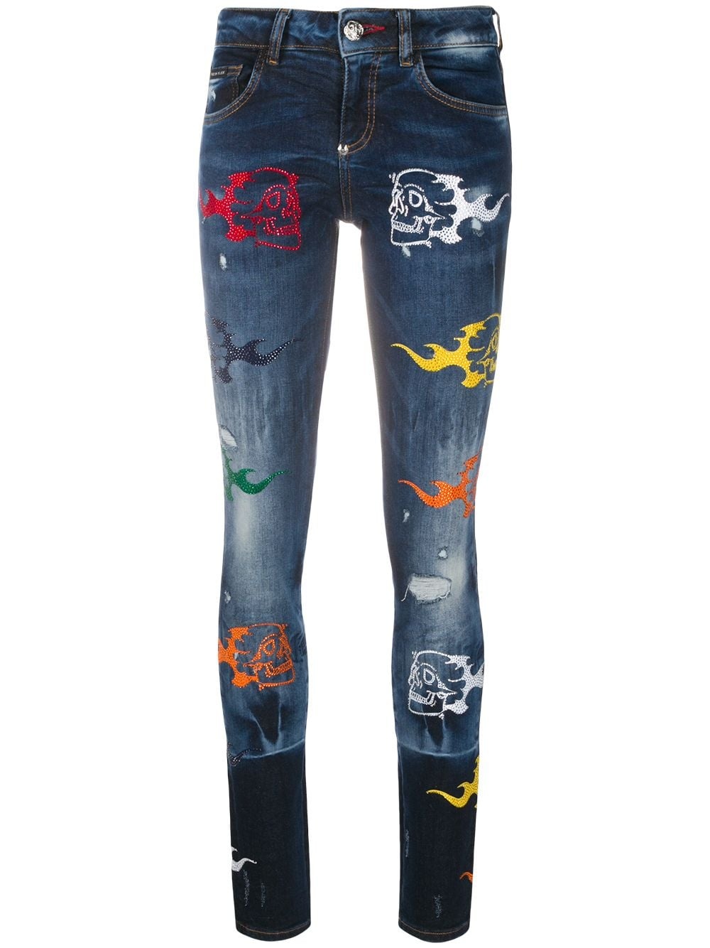 high rise slim-fit rainbow skull jeans - 1