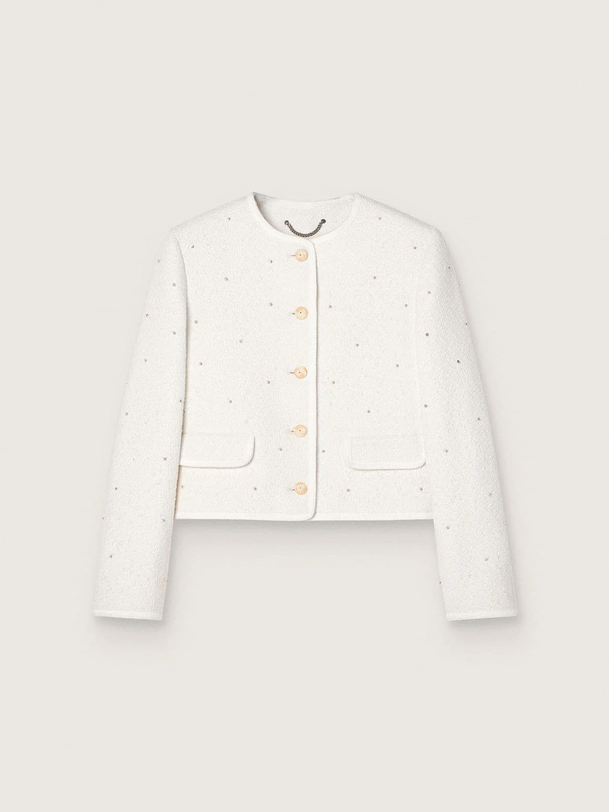 Women’s boxy jacket in bouclé cotton with all-over beads - 1