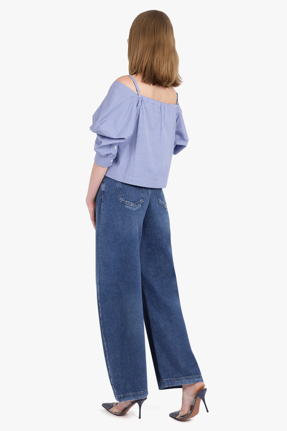 OFF SHOULDER STRIPE TOP WITH EXAGGERATED WING SLEEVE | BLUE - 6