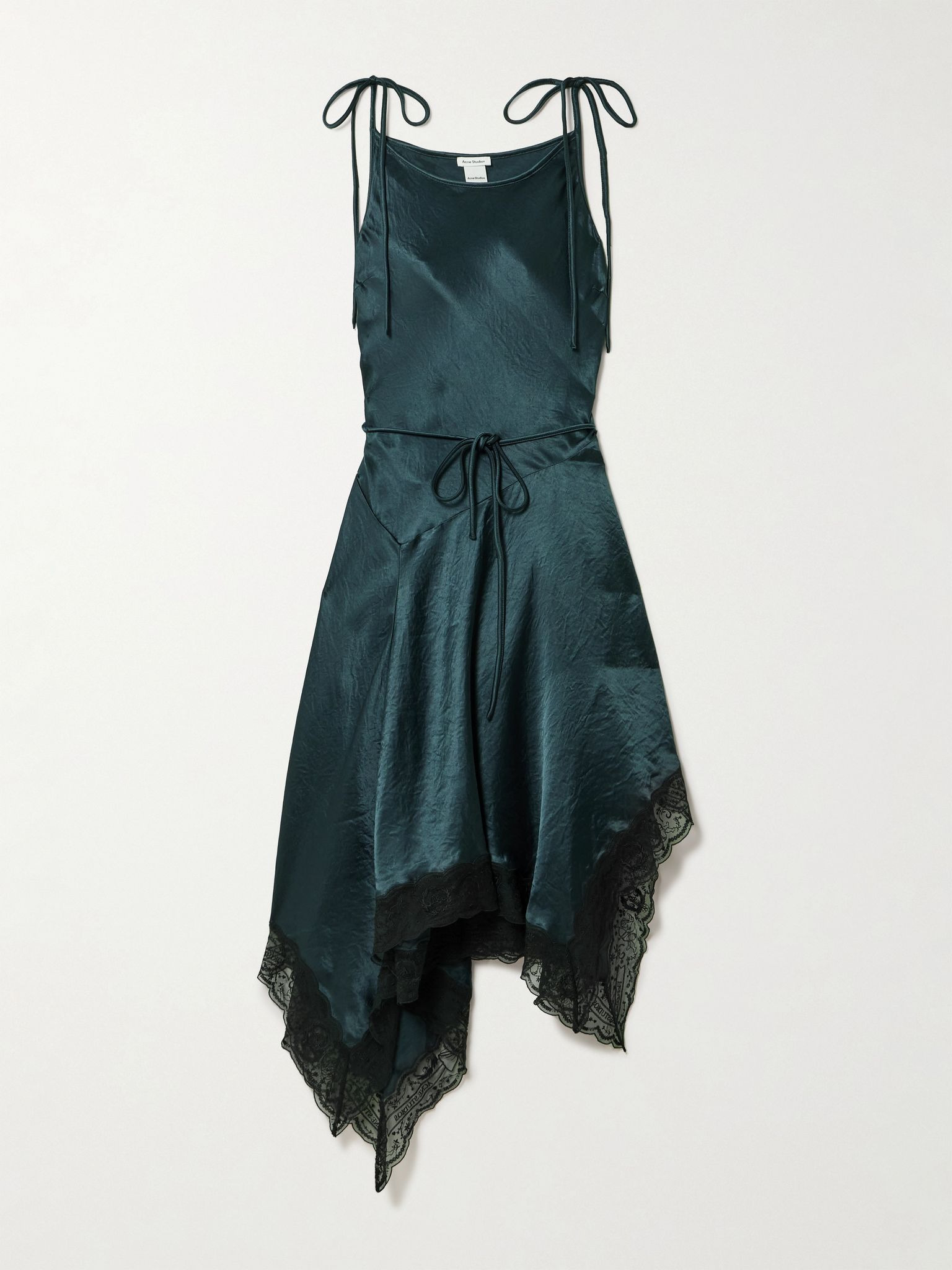 Doyla belted asymmetric scalloped lace-trimmed hammered-satin midi dress Petrol - 1