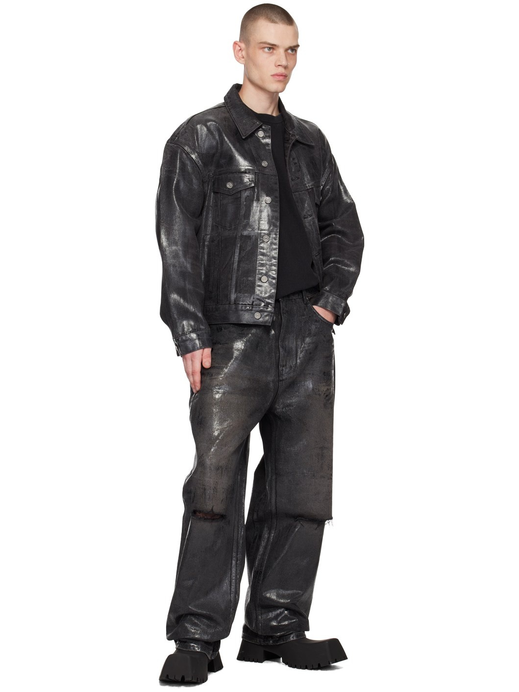 Black Foil Coated Trucker Denim Jacket - 4