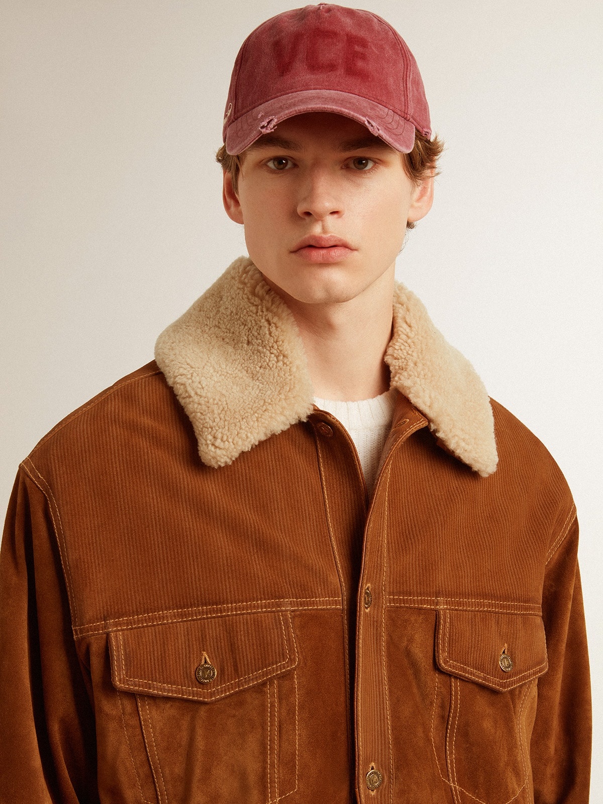 Men's jacket in tobacco-colored split leather with a shearling collar - 5