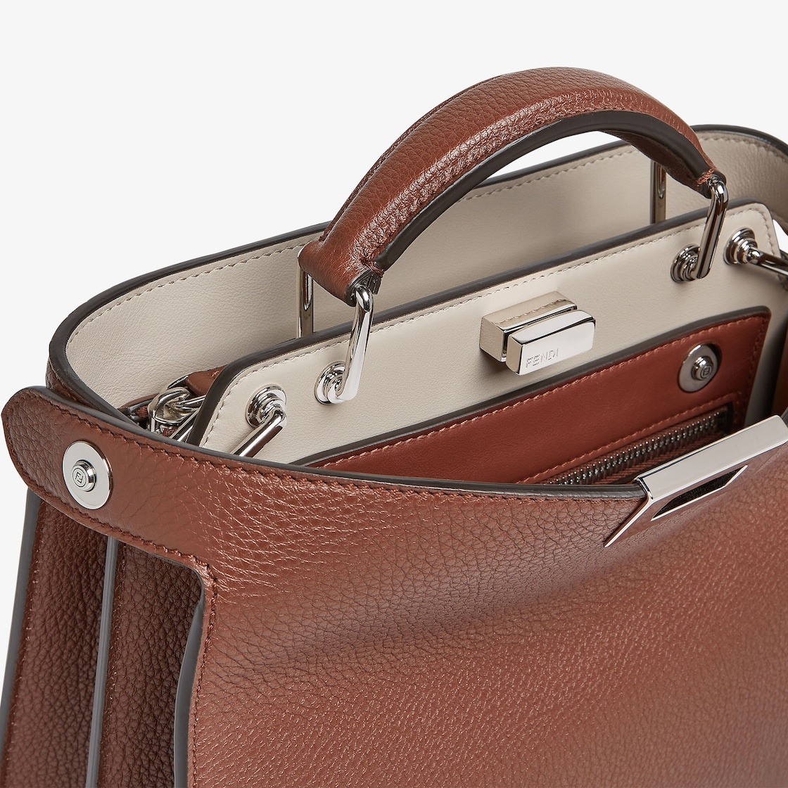 Small iconic Peekaboo ISeeU bag, made of brown Cuoio Romano leather with contrasting light gray inte - 6