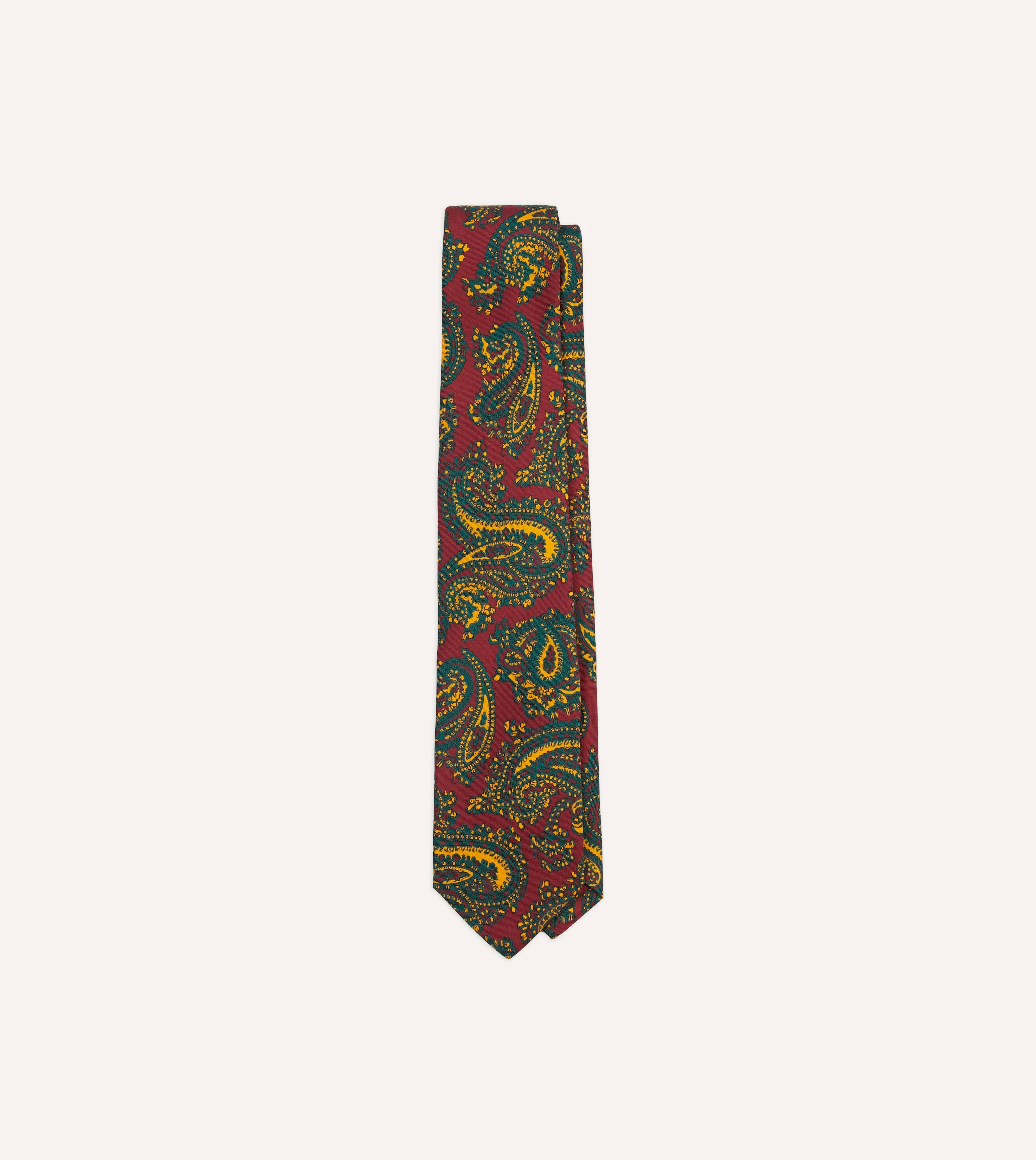 Red and Green Ornate Paisley Print Silk Self Tipped Tie - 1