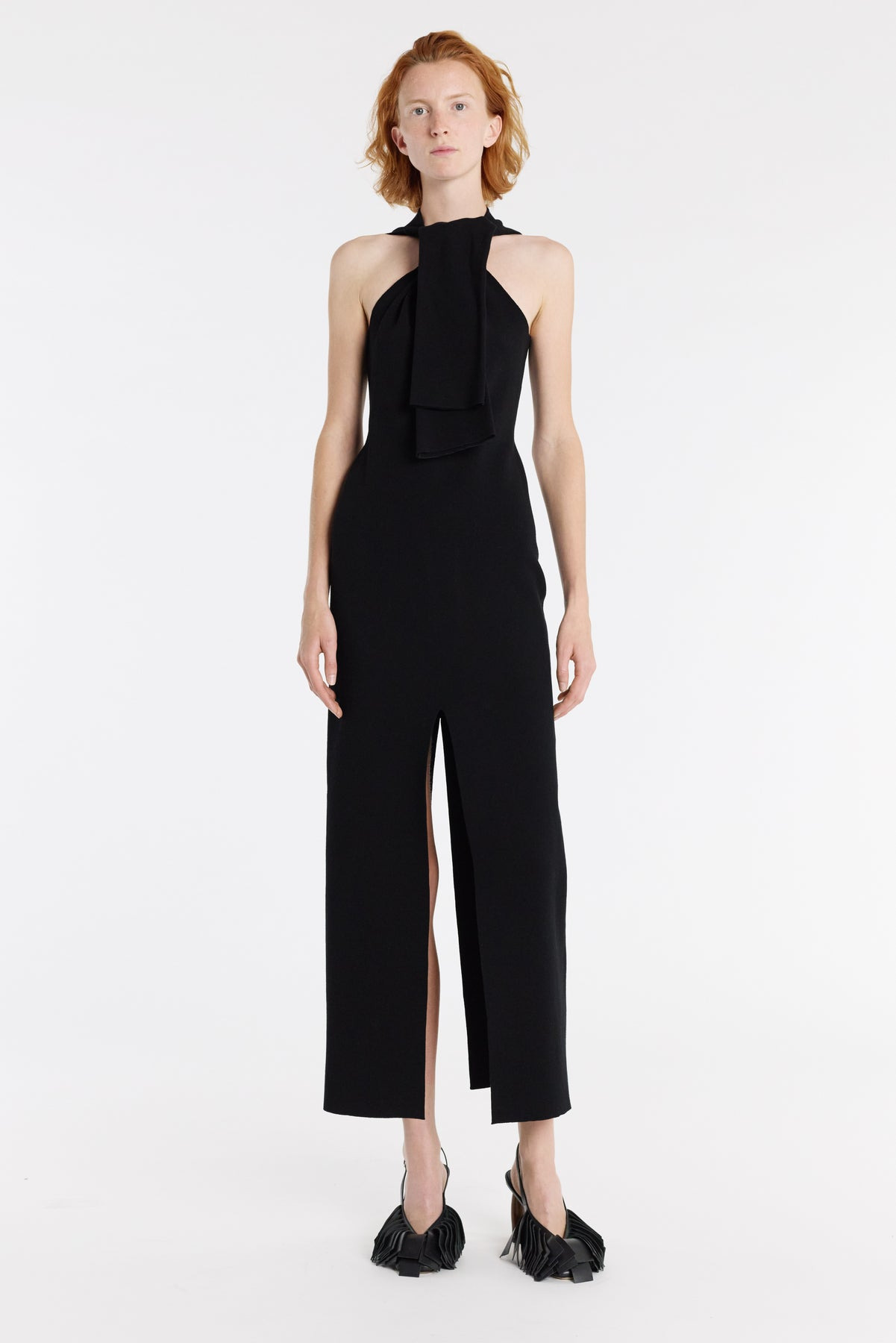 KNIT DRESS WITH NECK TIE BLACK - 1