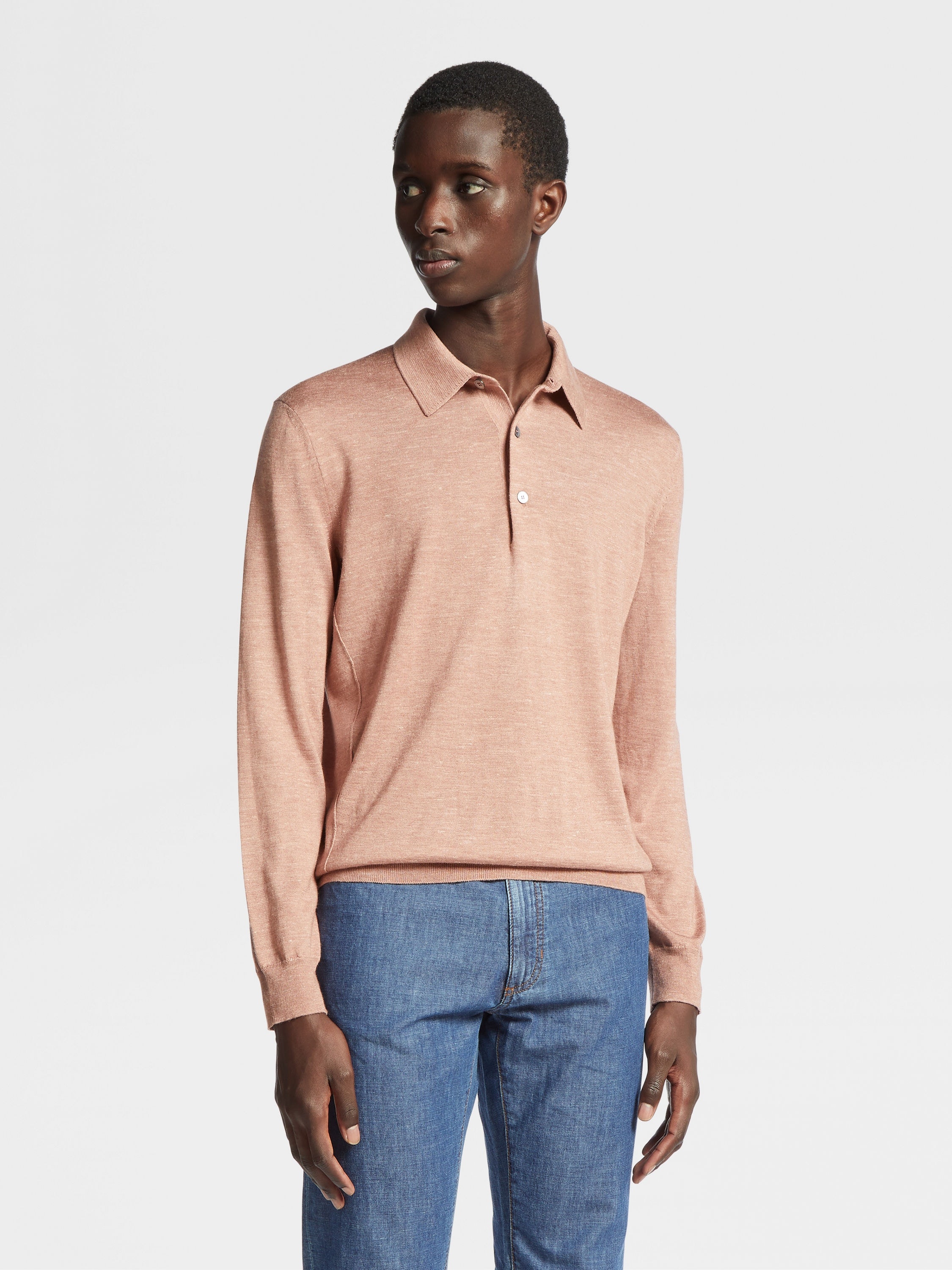 DUST PINK SILK CASHMERE AND LINEN POLO SHIRT - 2