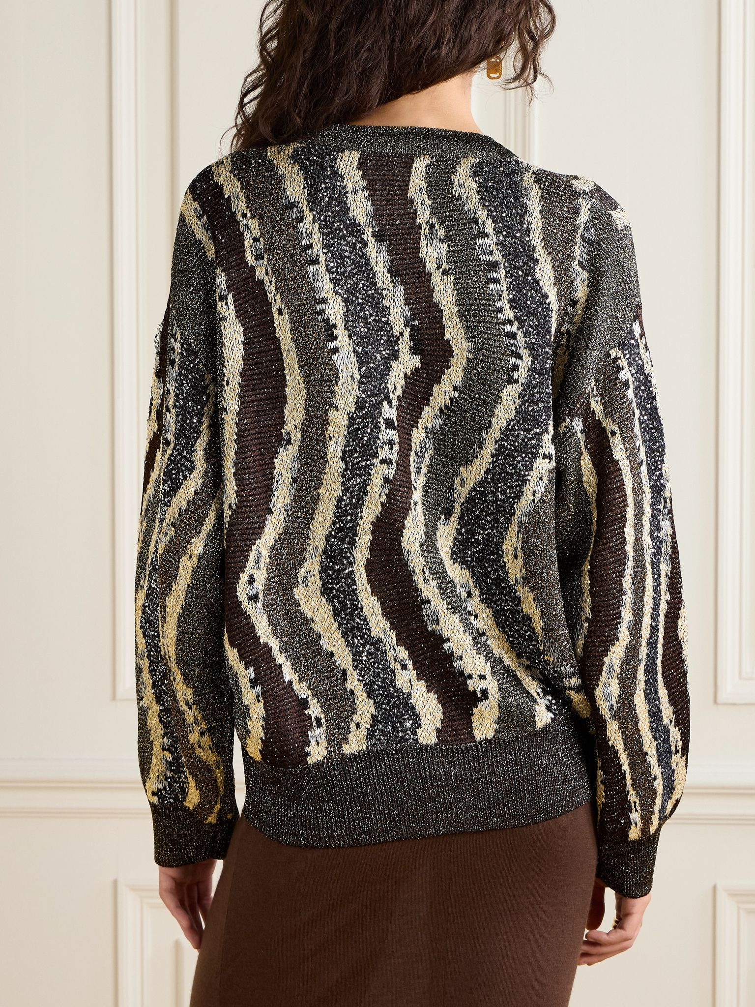 Sequin-embellished striped metallic jacquard-knit cardigan Dark brown - 3