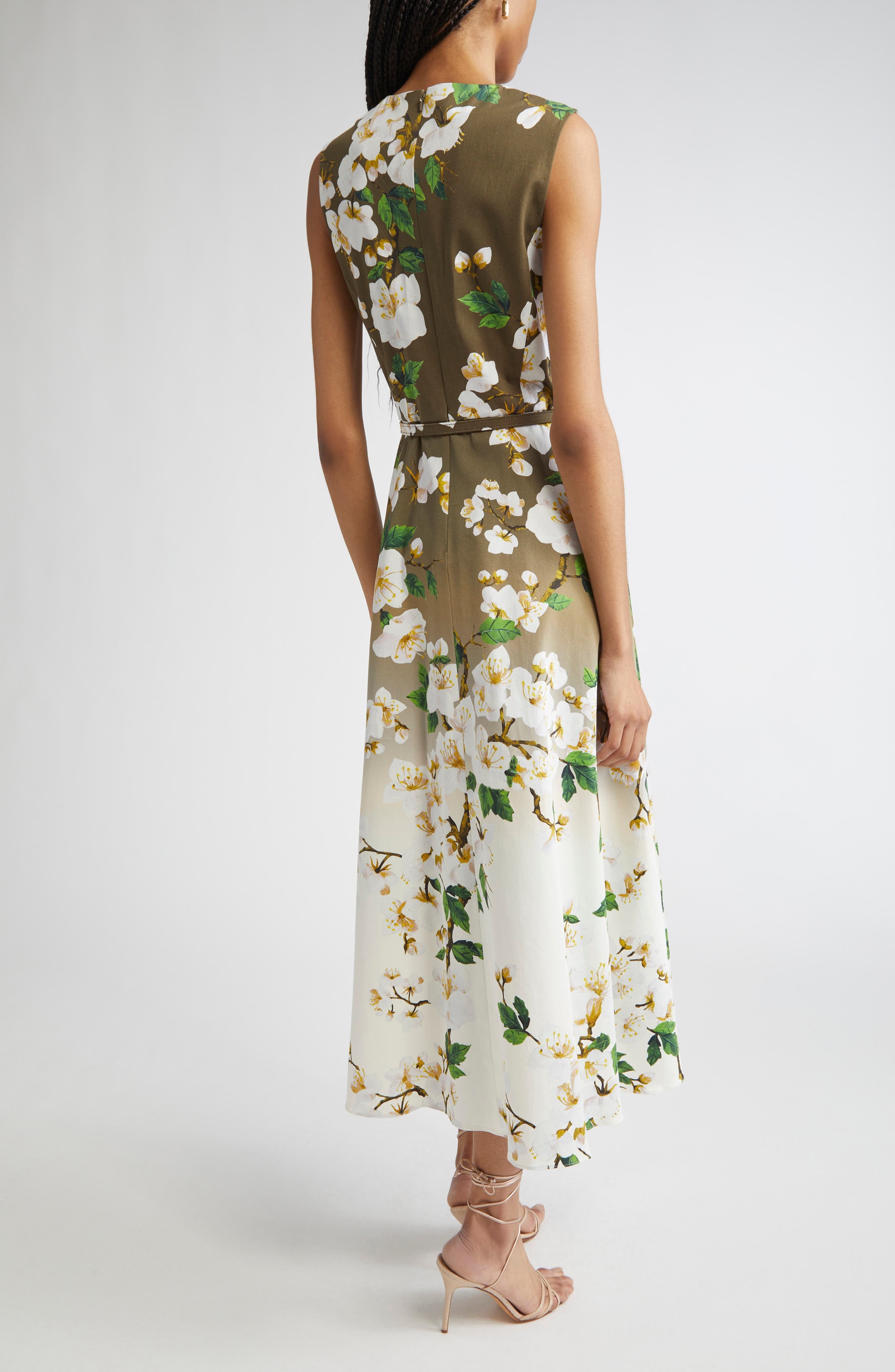 Oscar de la Renta Ombré Cherry Blossom Belted Poplin Midi Dress in White Khaki Ombre at Nordstrom - 2