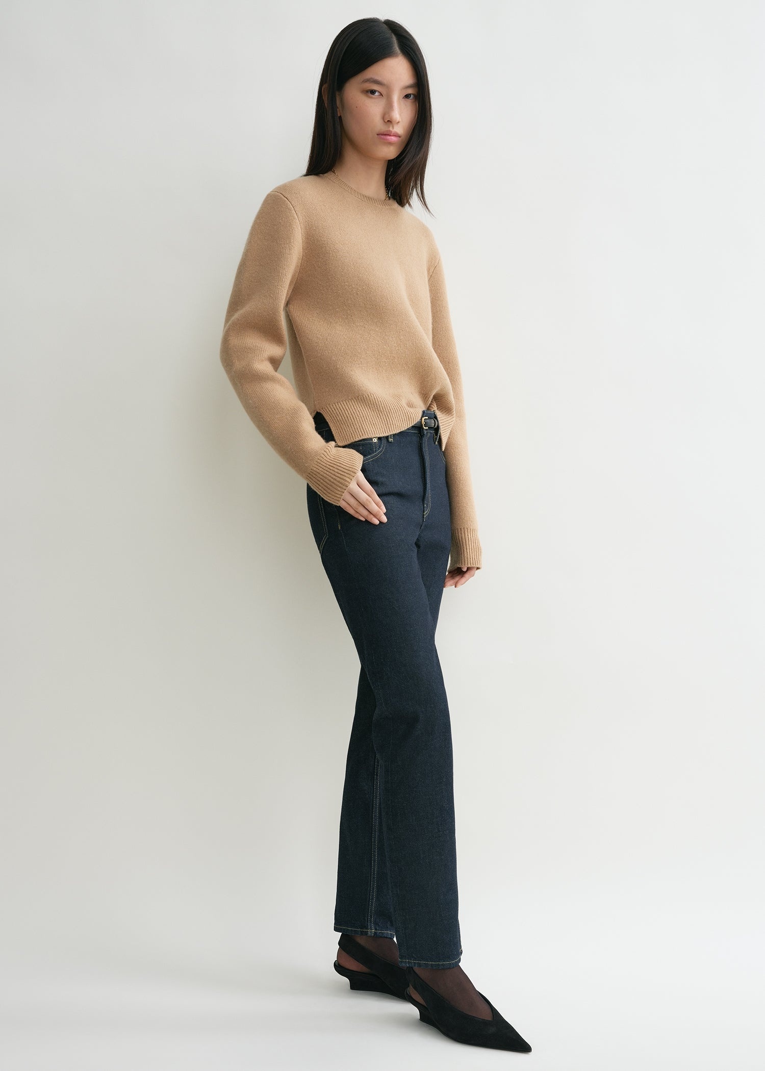 Cropped crew-neck knit camel - 3