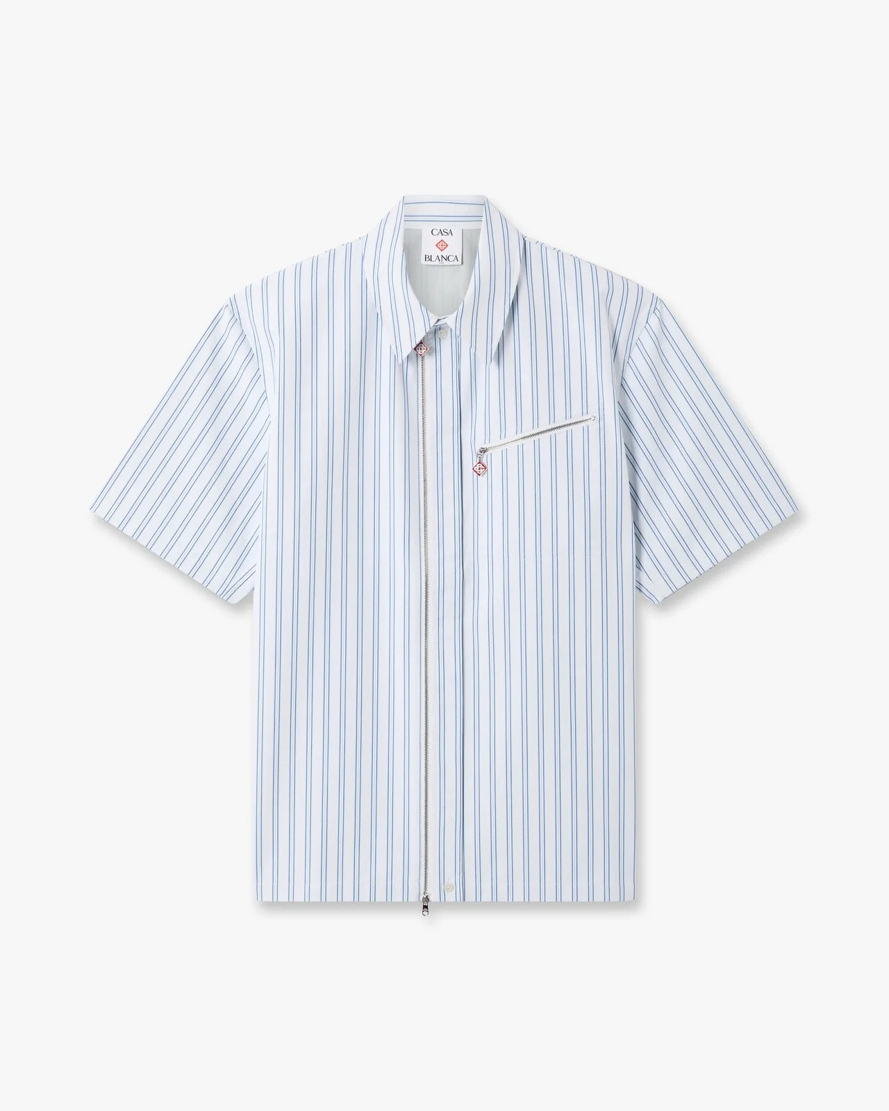White & Blue Striped Nylon Short Sleeve Shirt - 1