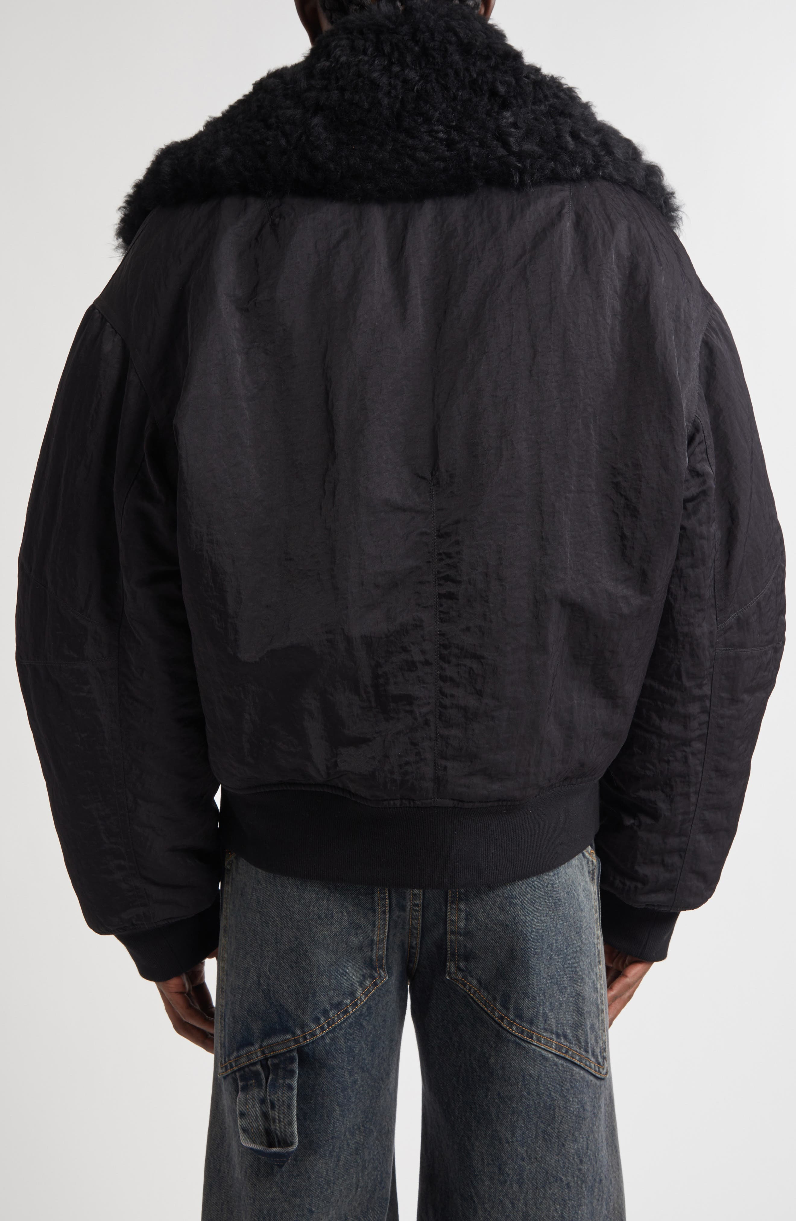 Eckhaus Latta Nylon Bomber Jacket with Genuine Shearling Collar in Asphalt at Nordstrom - 3