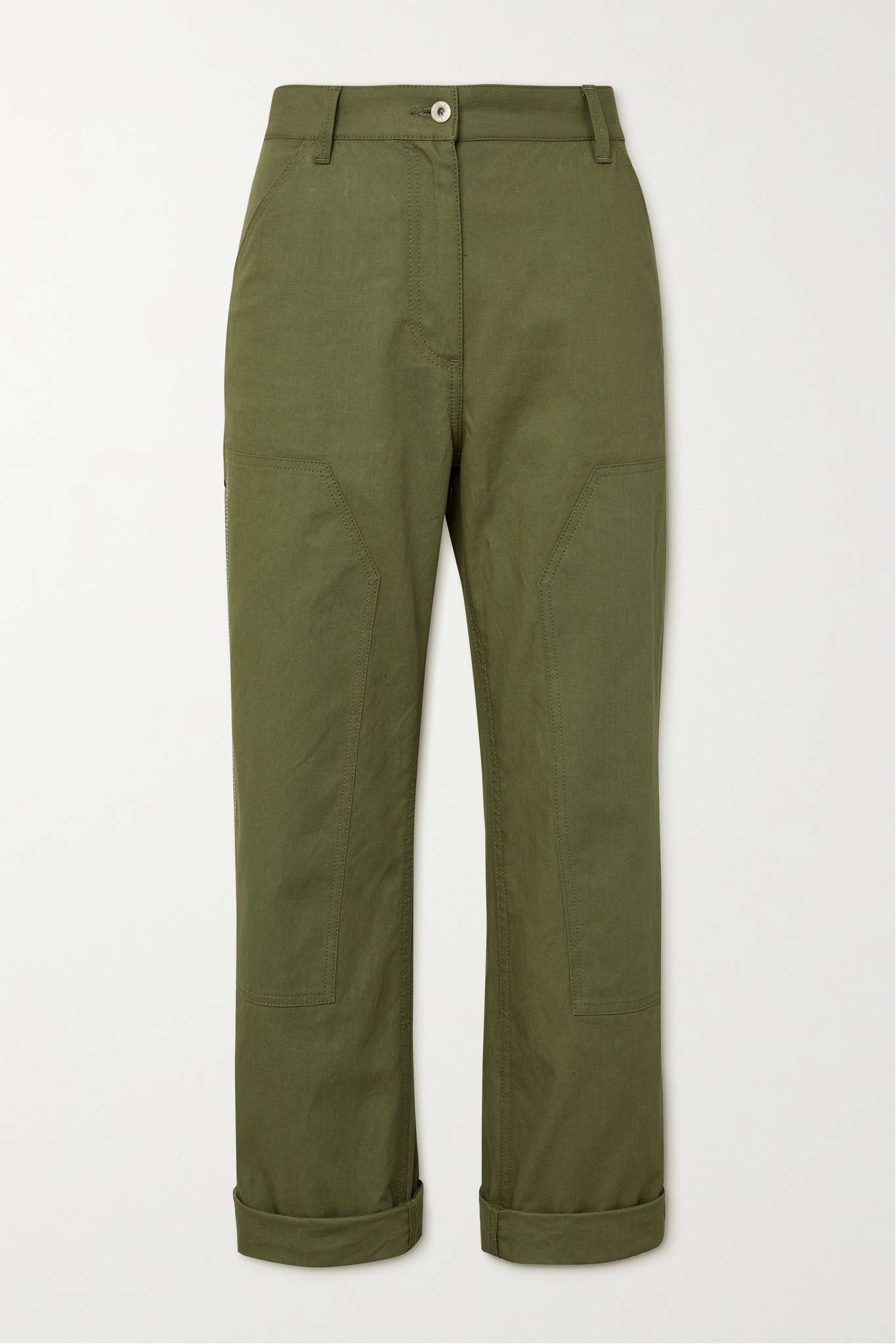 Leather-trimmed cotton and linen-blend straight-leg pants - 1