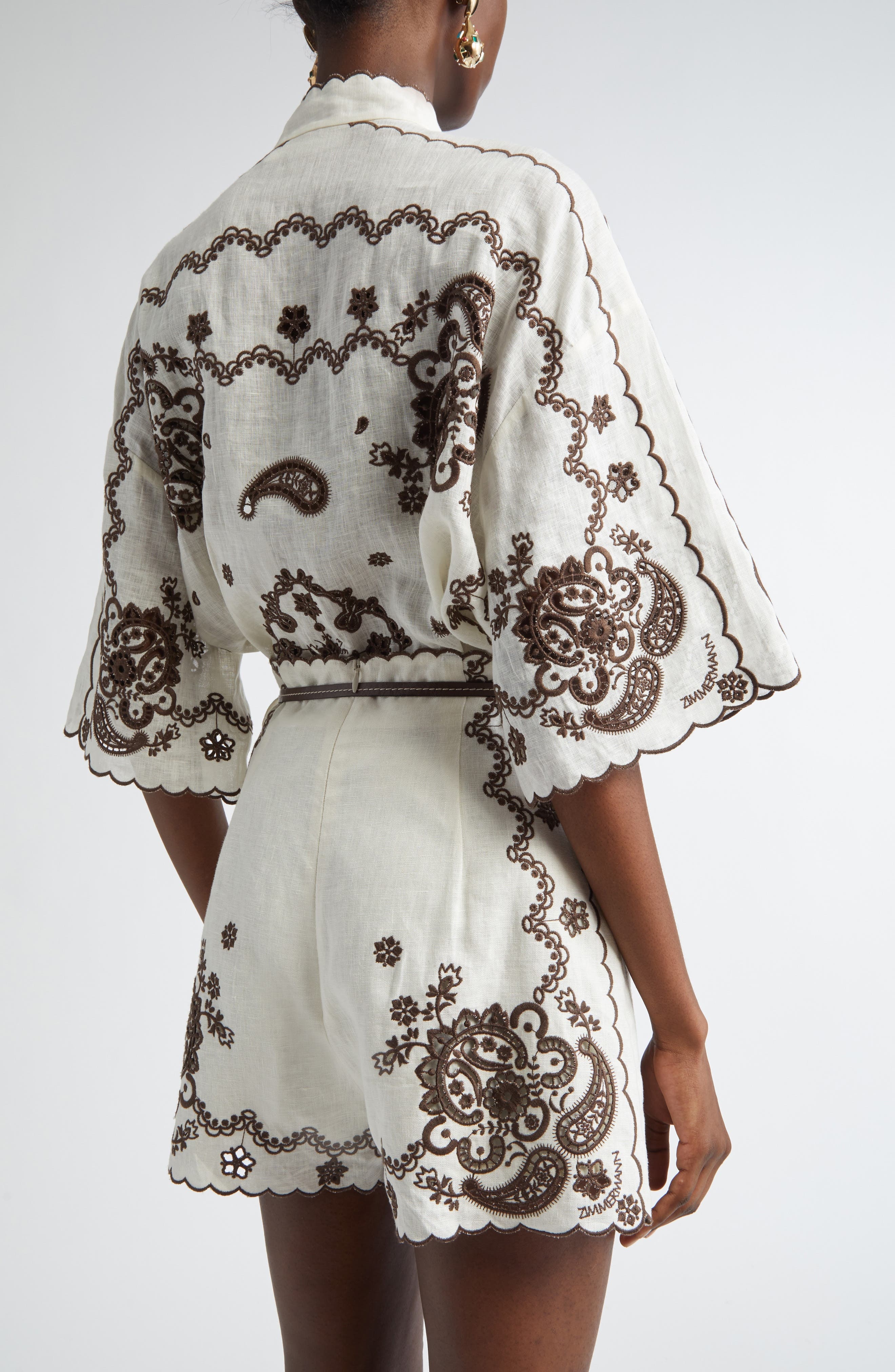 Zimmermann Ascension Embroidered Linen Shirt in Ivory/Chocolate at Nordstrom - 3