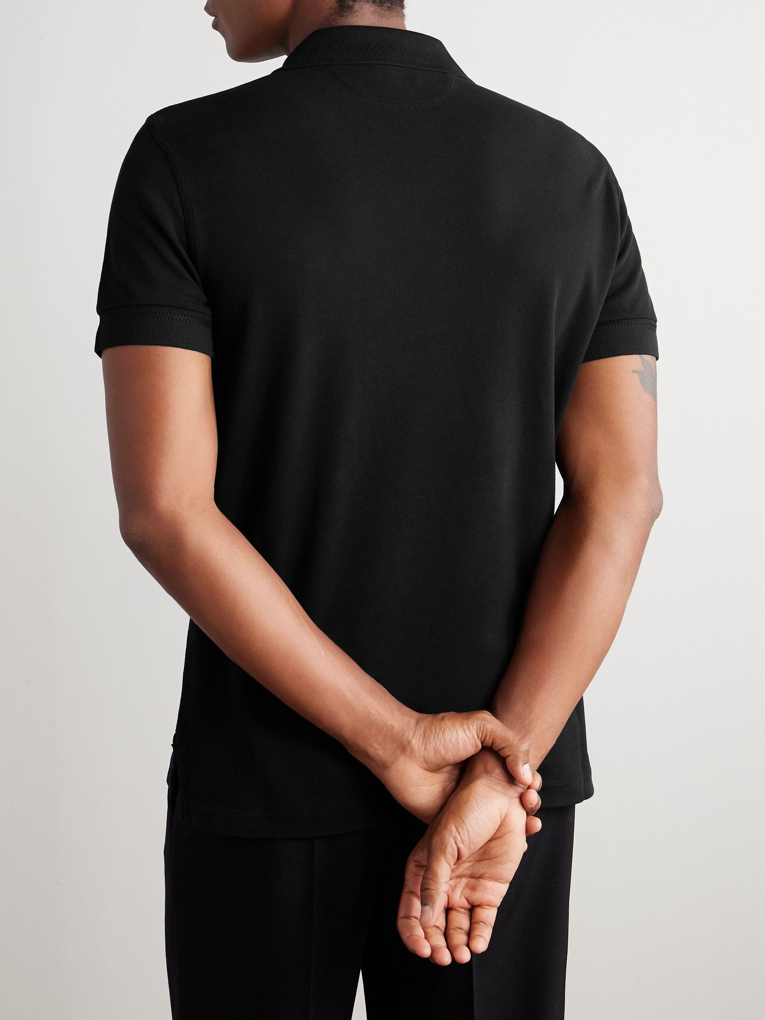 Slim-Fit Lyocell and Cotton-Blend Piqué Polo Shirt Black - 3