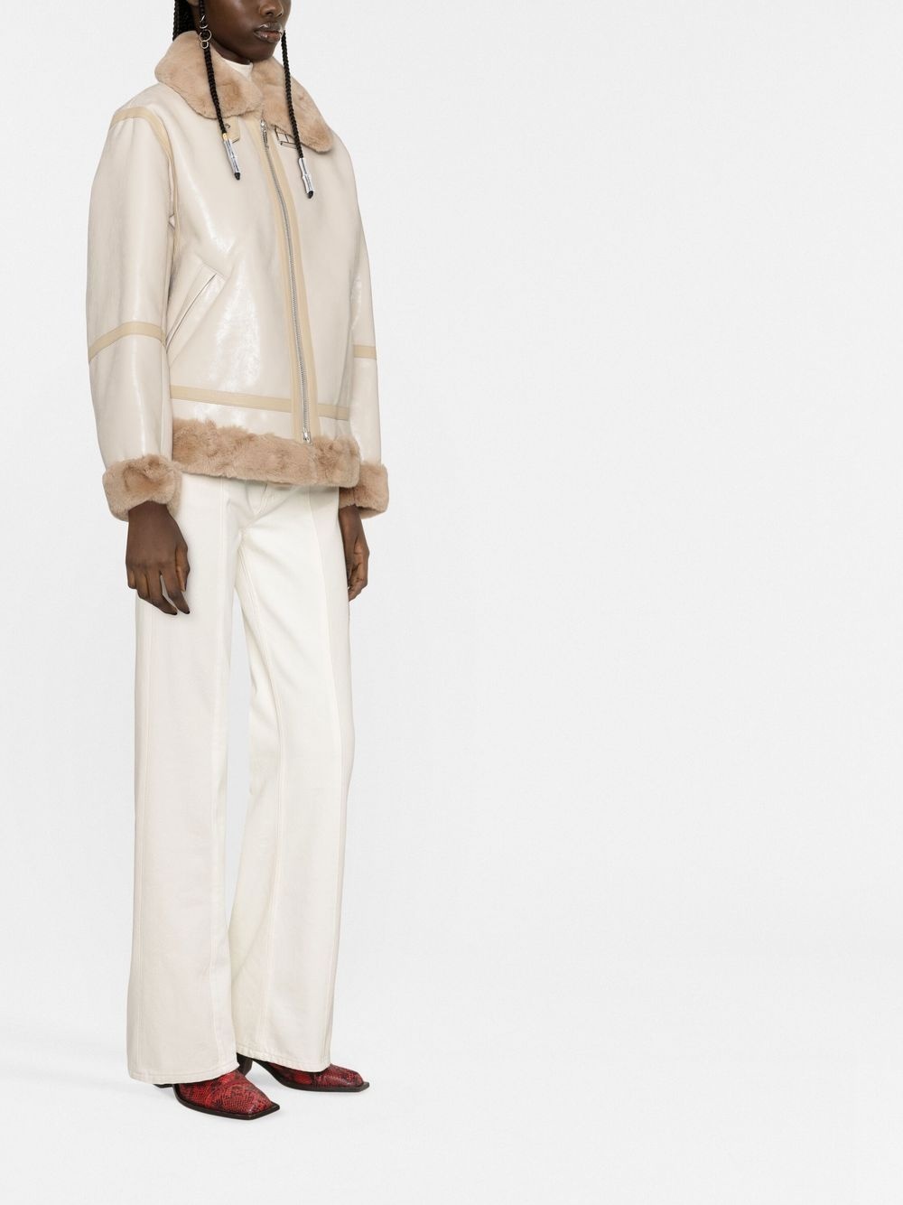 shearling-trim zip-fastening coat - 3