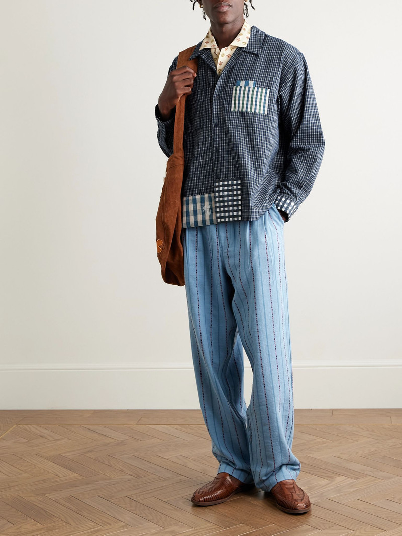 Story mfg. PA Camp-Collar Patchwork Checked Organic Cotton Shirt Blue outlook