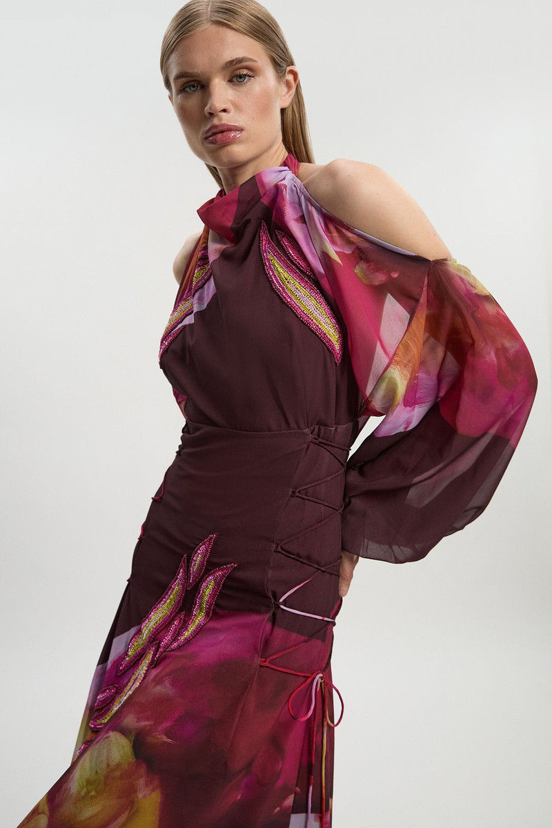 KAREN MILLEN Lily Macrae Cold Shoulder Embellished Woven Maxi Dress outlook