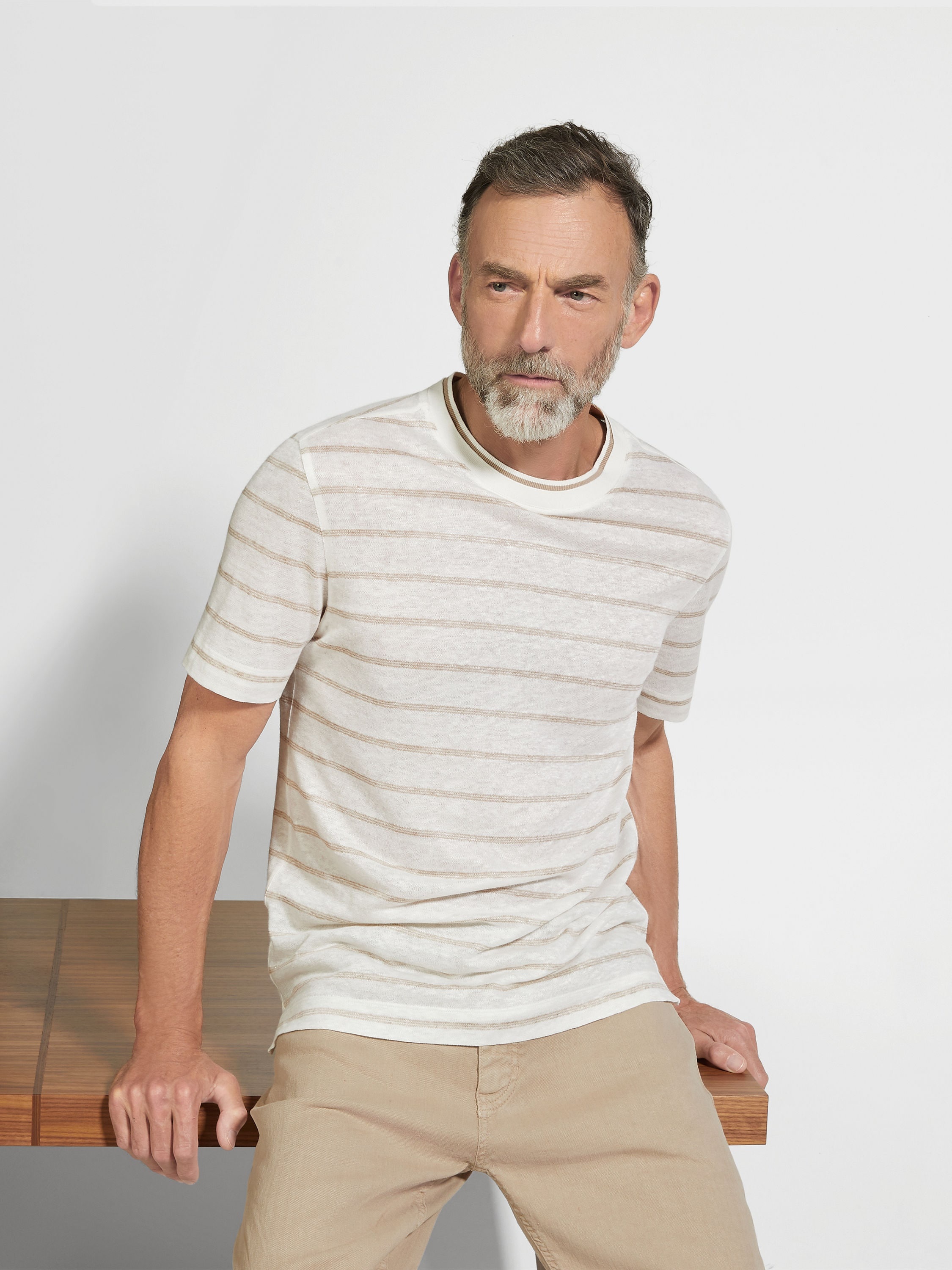WHITE AND LIGHT TAUPE LINEN T-SHIRT - 3