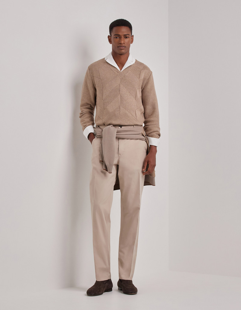 Canali TAUPE COTTON AND SILK V-NECK SWEATER WITH STRUCTURED PATTERN outlook