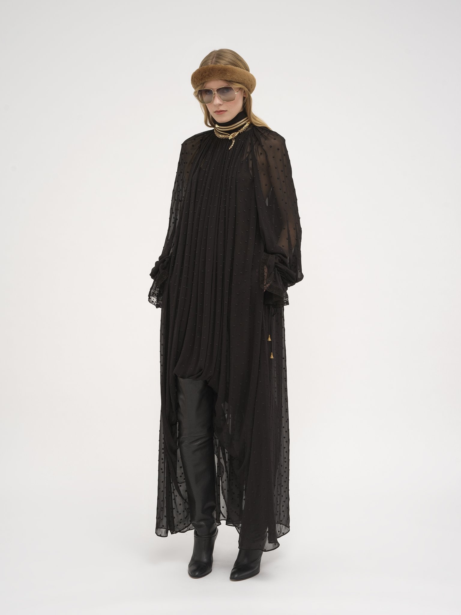 GATHERED LONG DRESS IN SILK GEORGETTE PLUMETIS - 4
