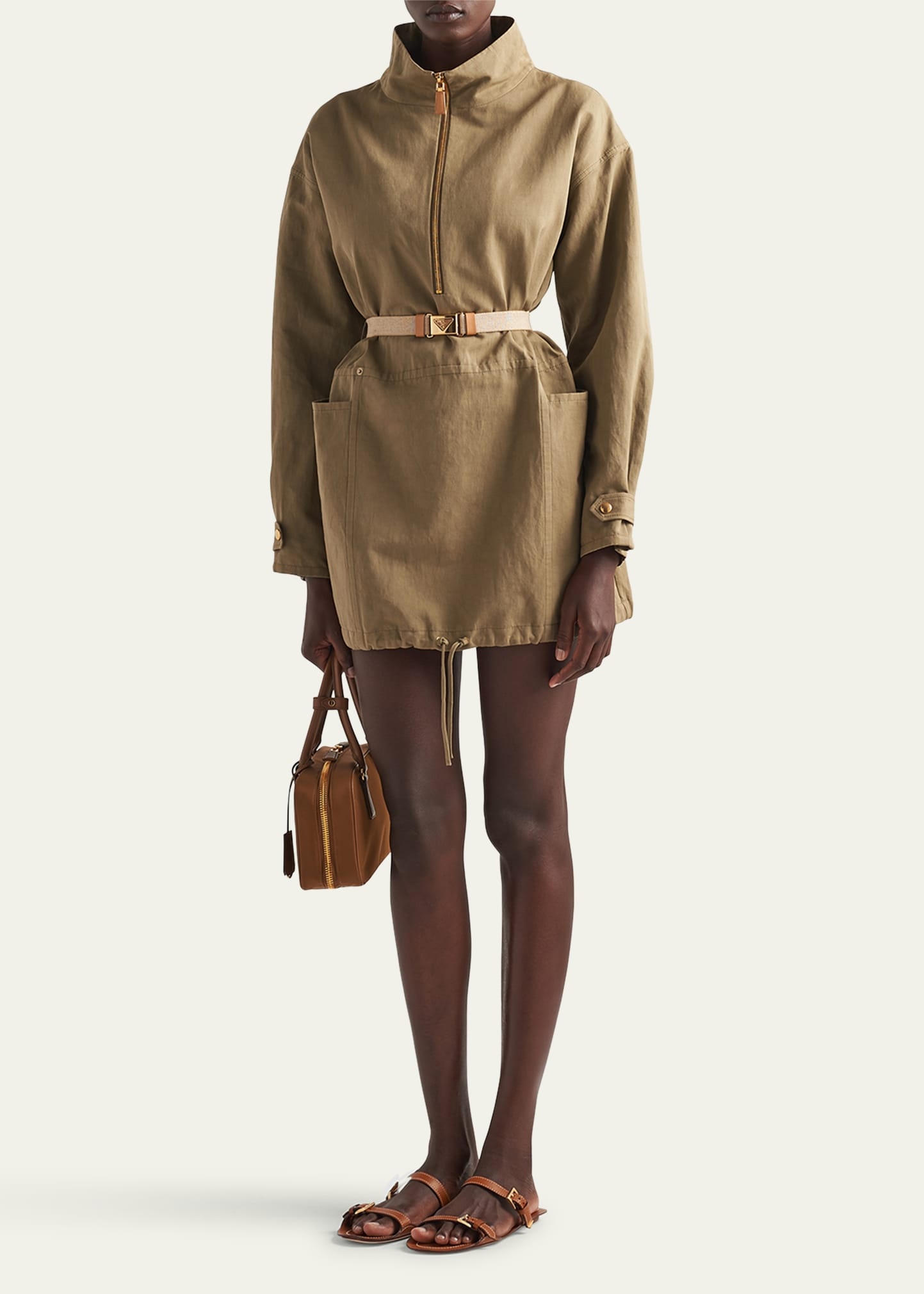 Drawstring Belted Panama Cotton Mini Dress - 2