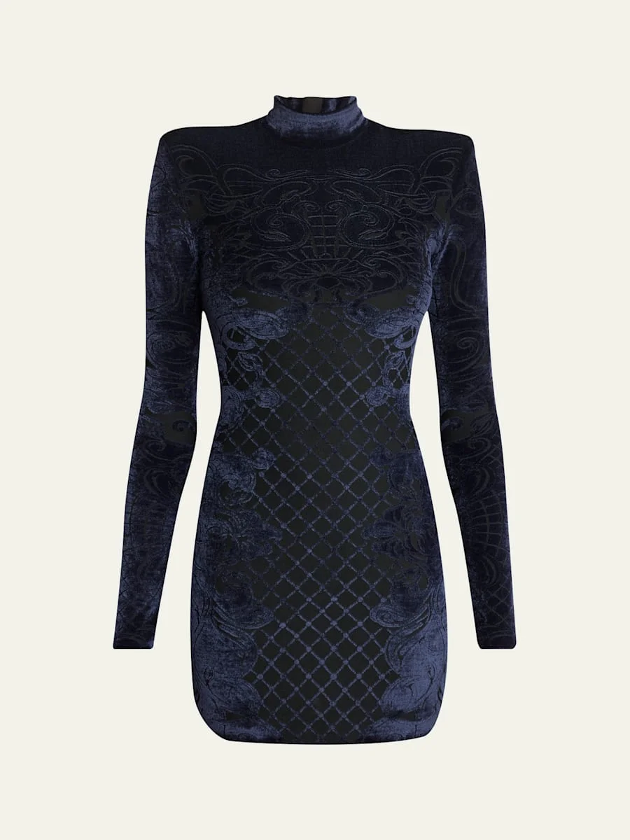 Baroque Velvet Strong-Shoulder Long-Sleeve Mini Dress - 1