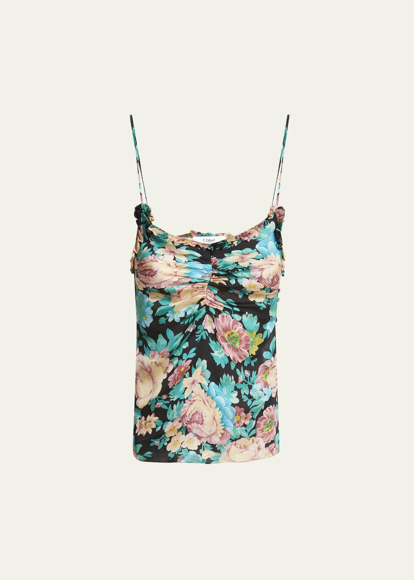 Floral Ruched Ruffle-Trim Silk Tank Top - 1