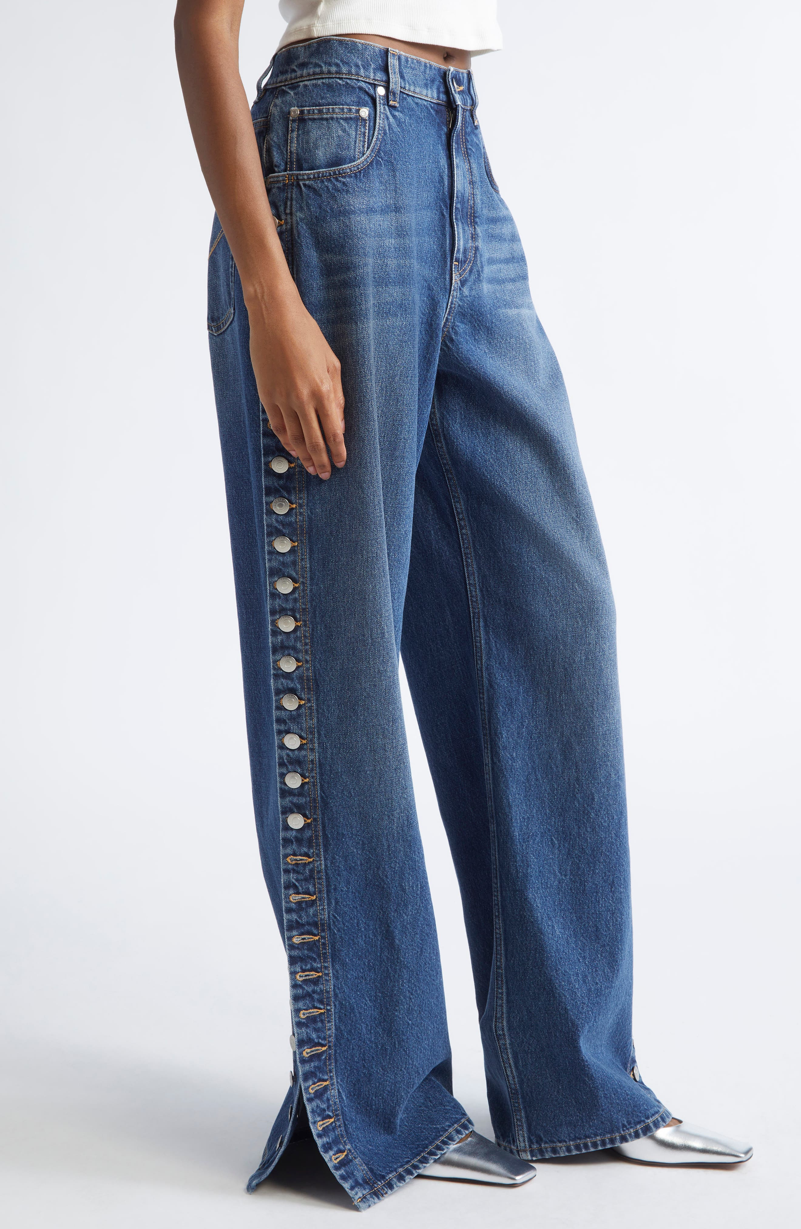 Stella McCartney Side Button Wide Leg Jeans in Dark Blue at Nordstrom - 5