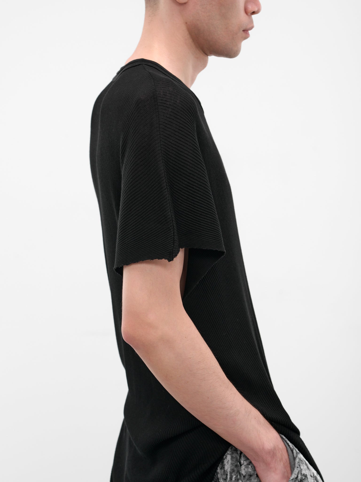Black Cotton-Silk Ribbed Tee - 4
