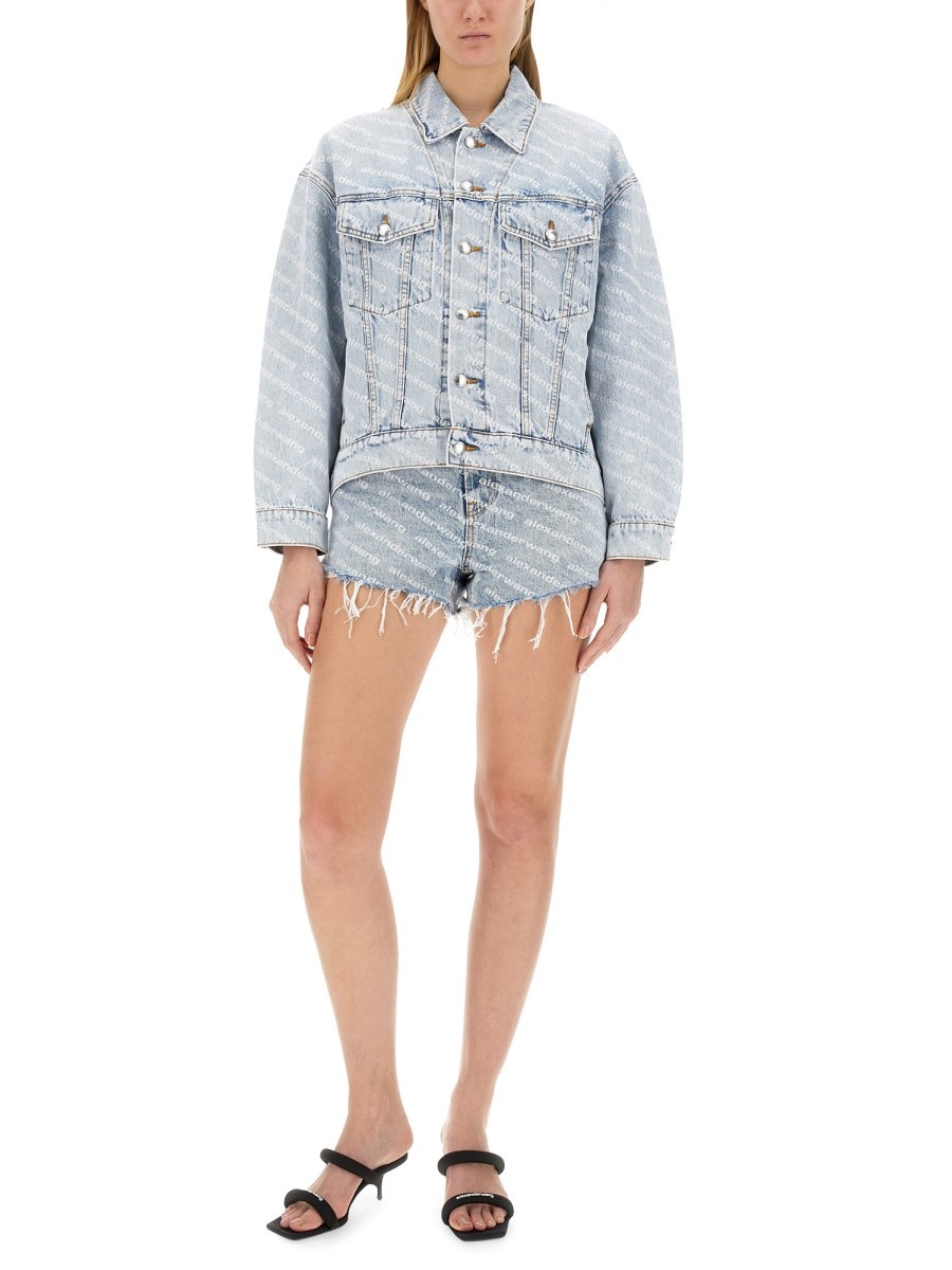 COTTON DENIM JACKET WITH ROUNDED SHOULDERS AND ALL OVER LOGO - 2