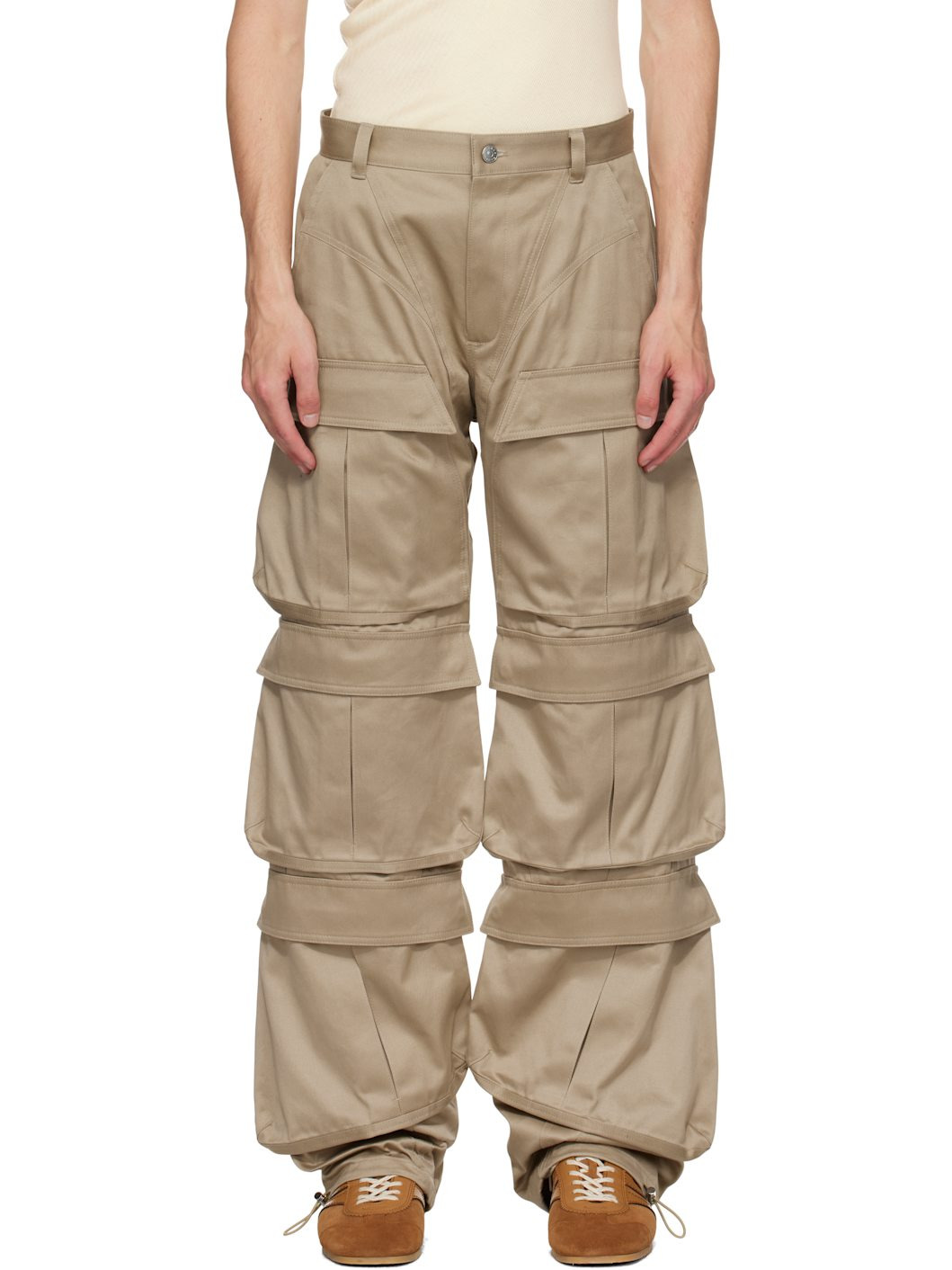 Beige Cinch Strap Cargo Pants - 1