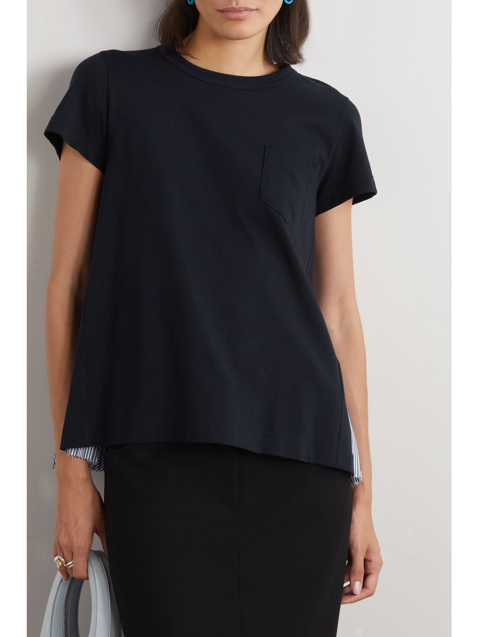 Pleated paneled cotton-jersey and striped poplin T-shirt Navy - 3