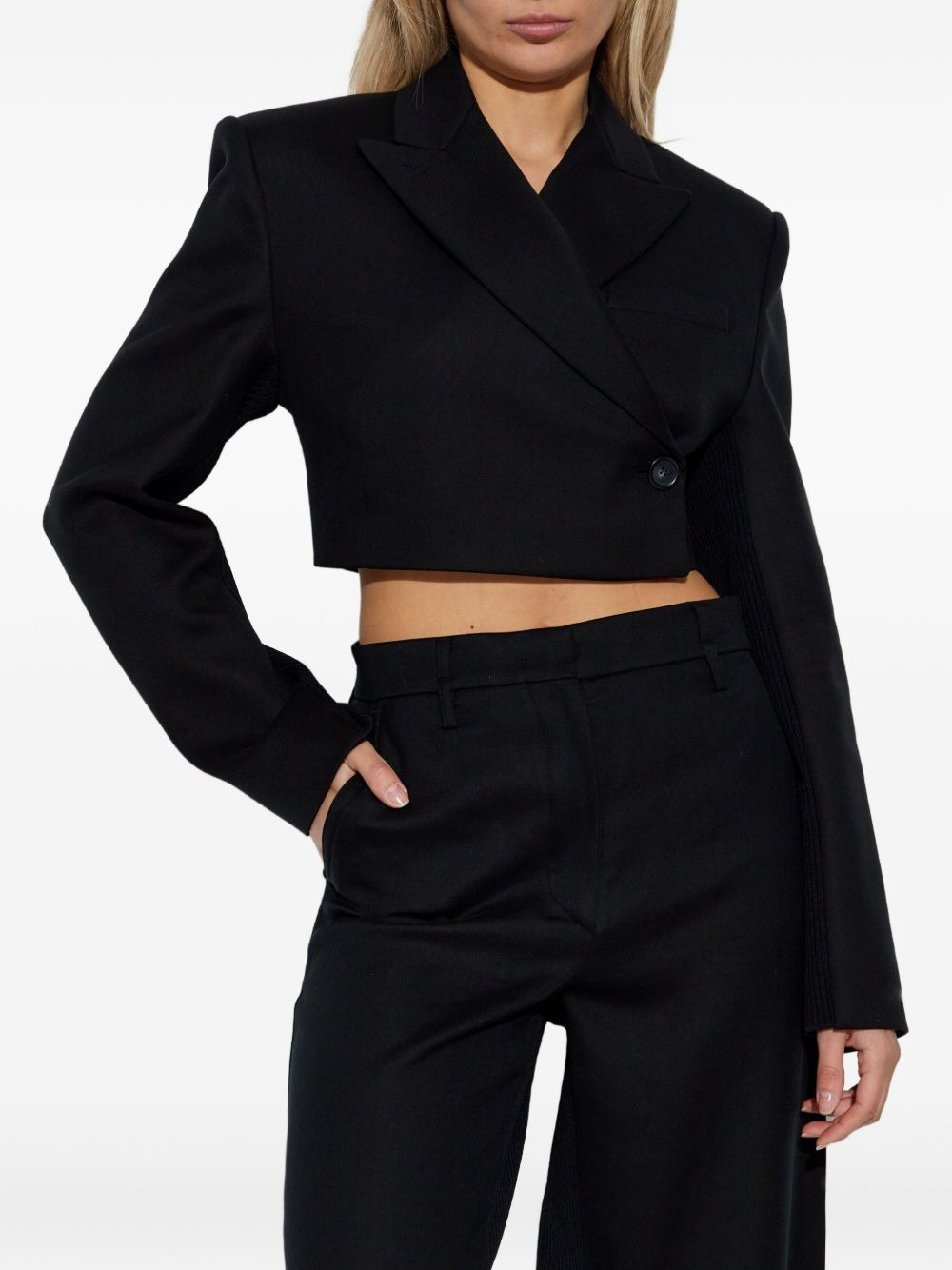 cropped knitted-sleeve blazer - 3