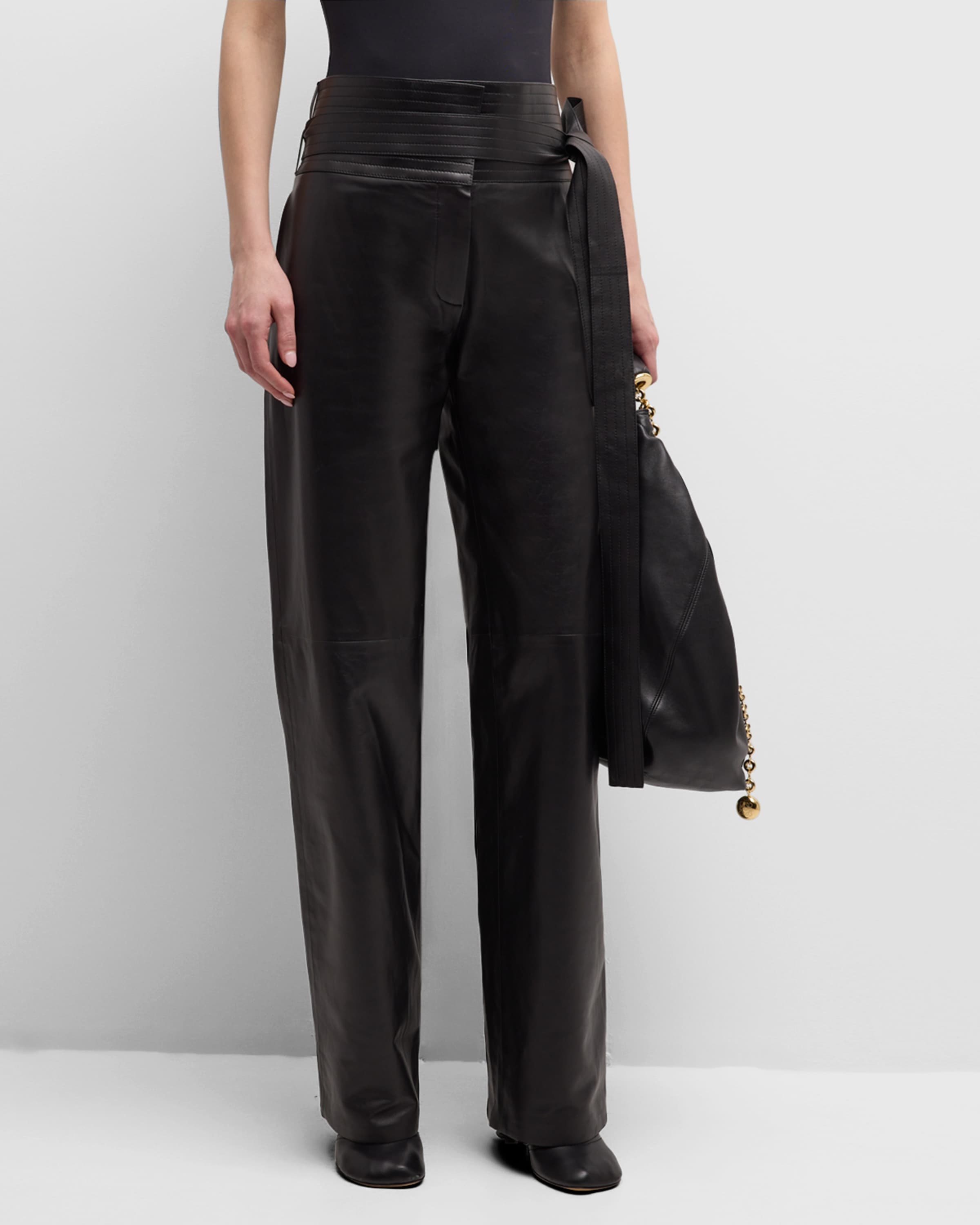 Belted Leather Straight-Leg Trousers - 2