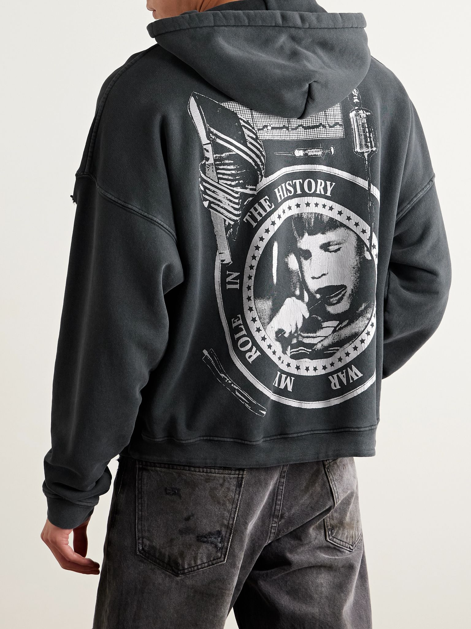 My Role in the War Distressed Logo-Print Cotton-Jersey Hoodie Dark gray - 3