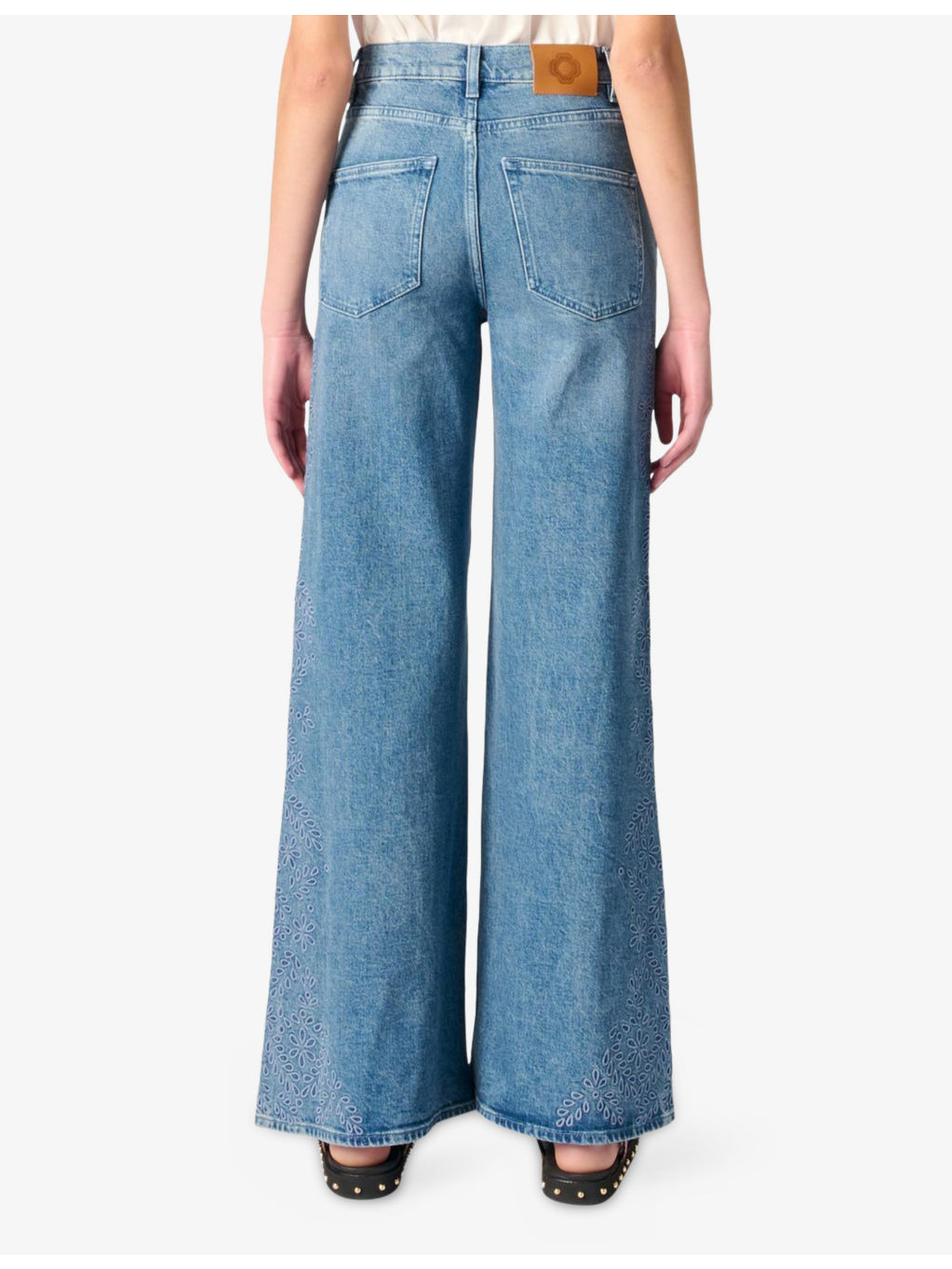 Leaf-Embroidered Wide-Leg Stretch-Denim Jeans - 4
