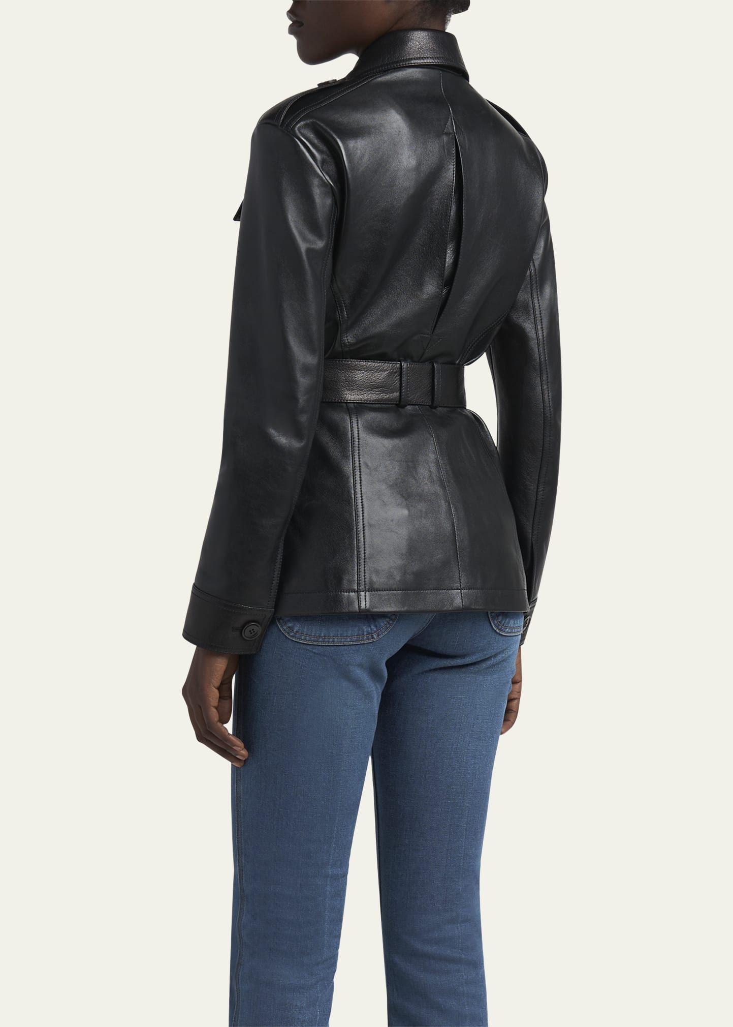 Belted Button Down Leather Jacket - 3