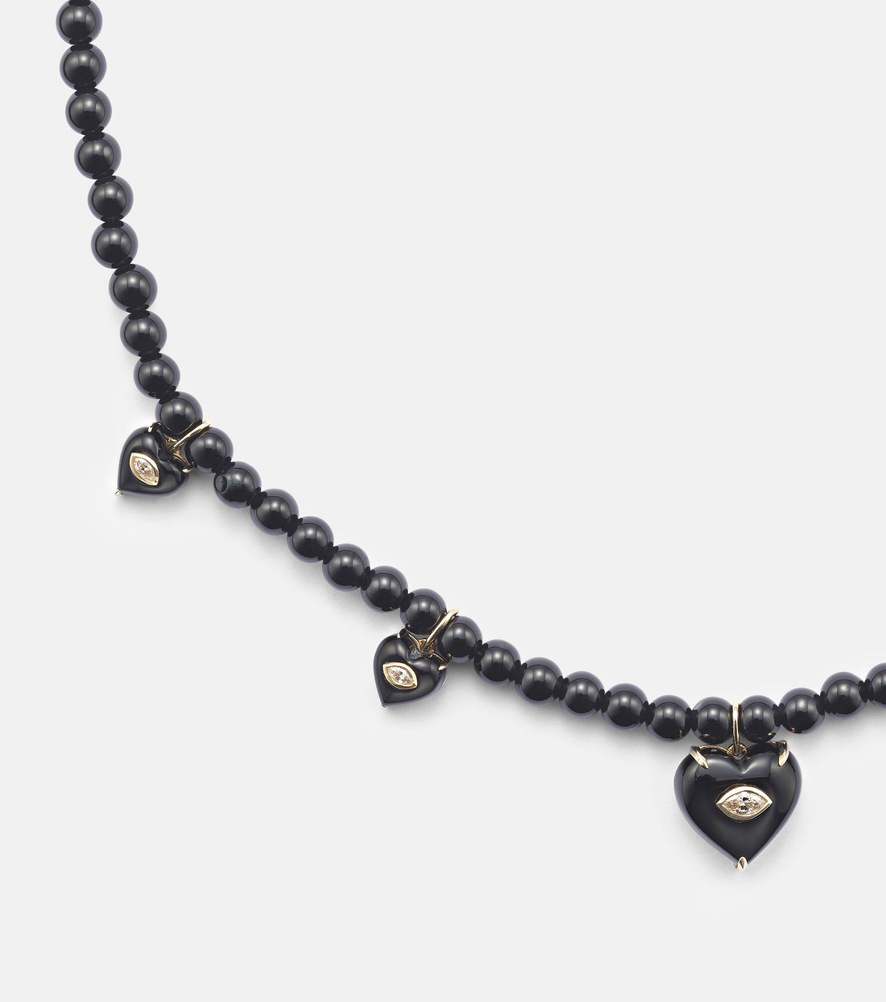 Carved Heart 14kt gold beaded necklace with diamonds and onyx - 4