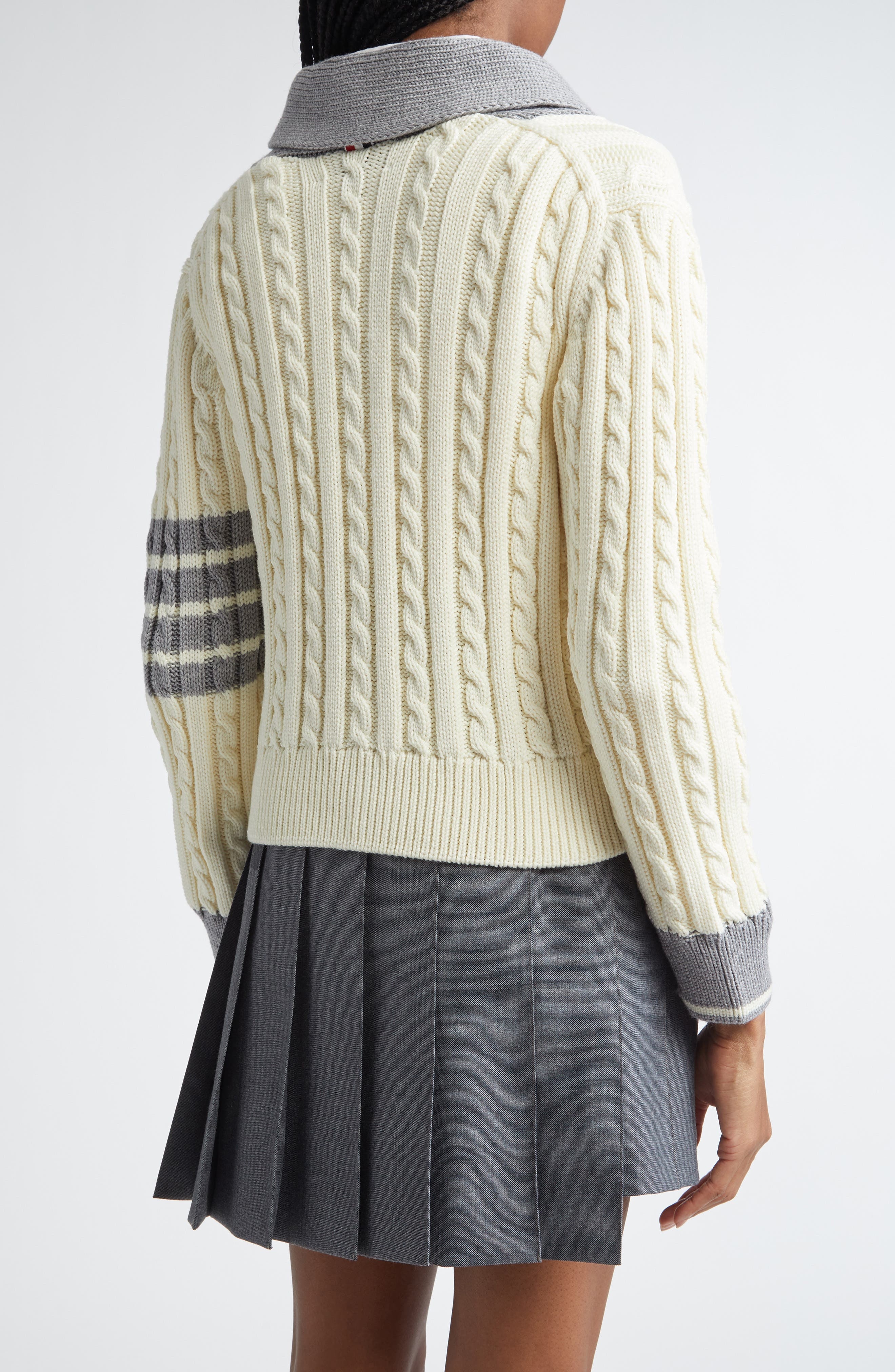 Thom Browne 4-Bar Cable Knit Virgin Wool Shawl Cardigan in White at Nordstrom - 3