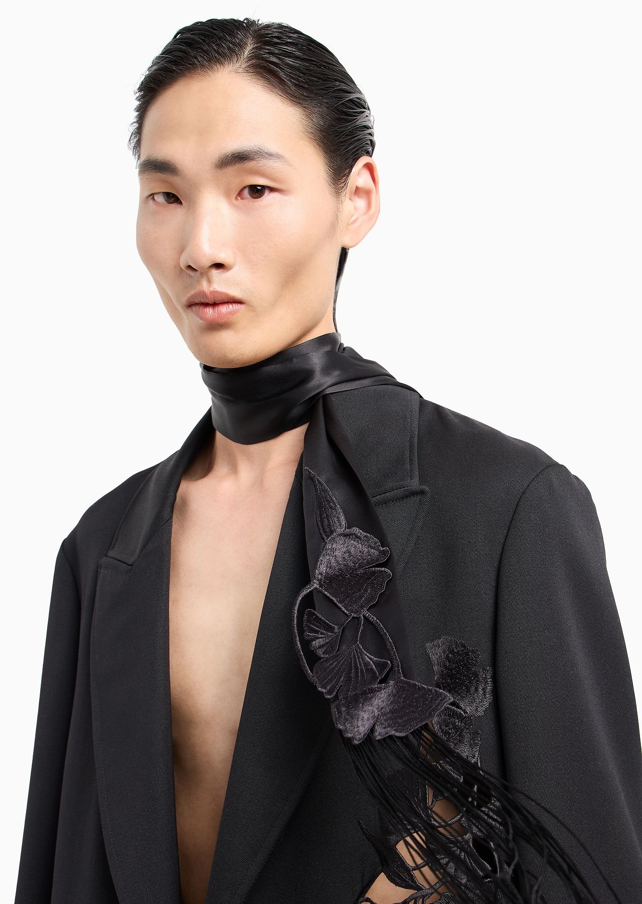 Single-breasted coat in compact virgin wool gabardine with ginkgo embroidery and cut-outs - 6