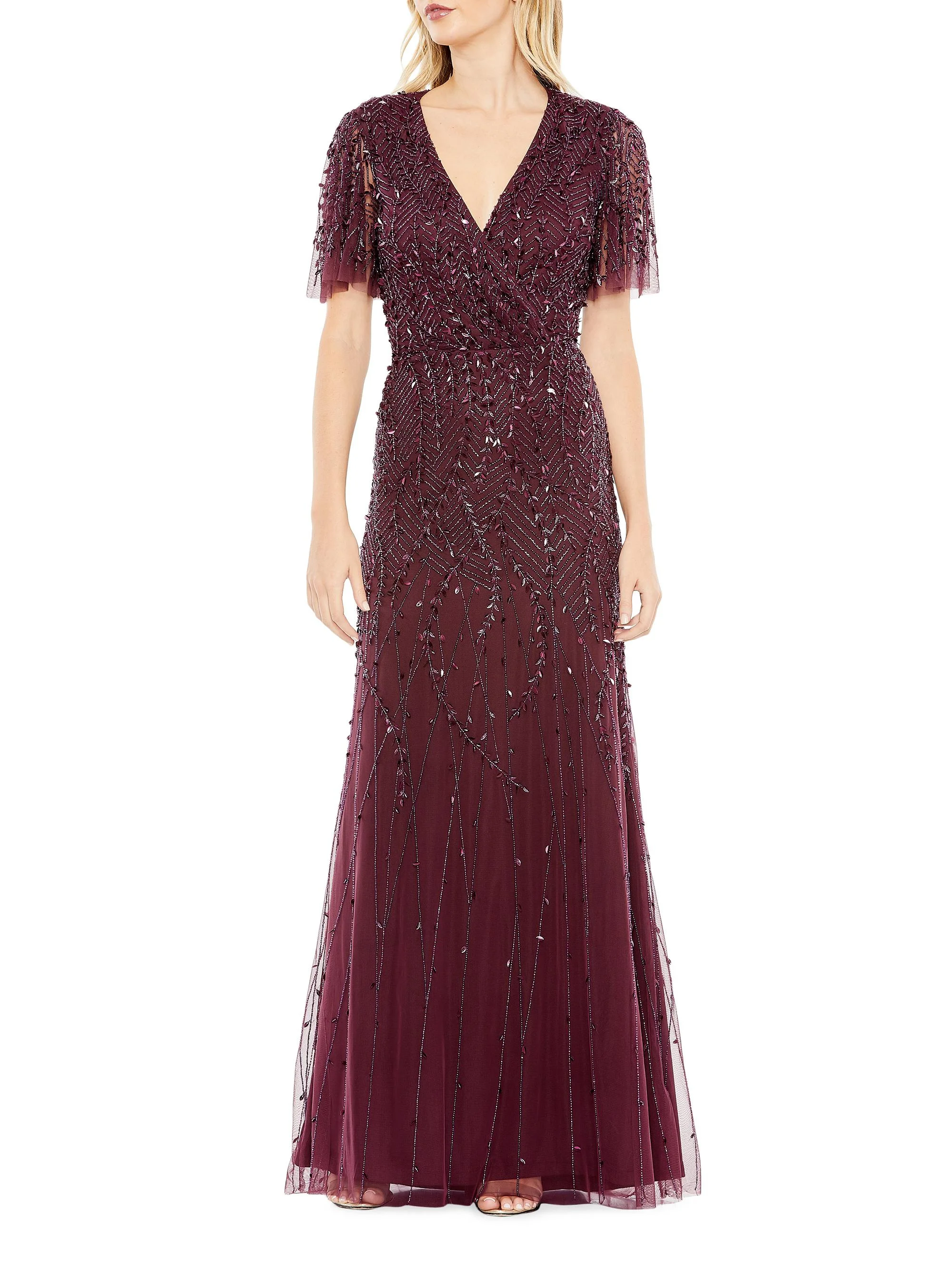 Women's Embellished Tulle Wrap-Effect Column Gown - Aubergine - 1
