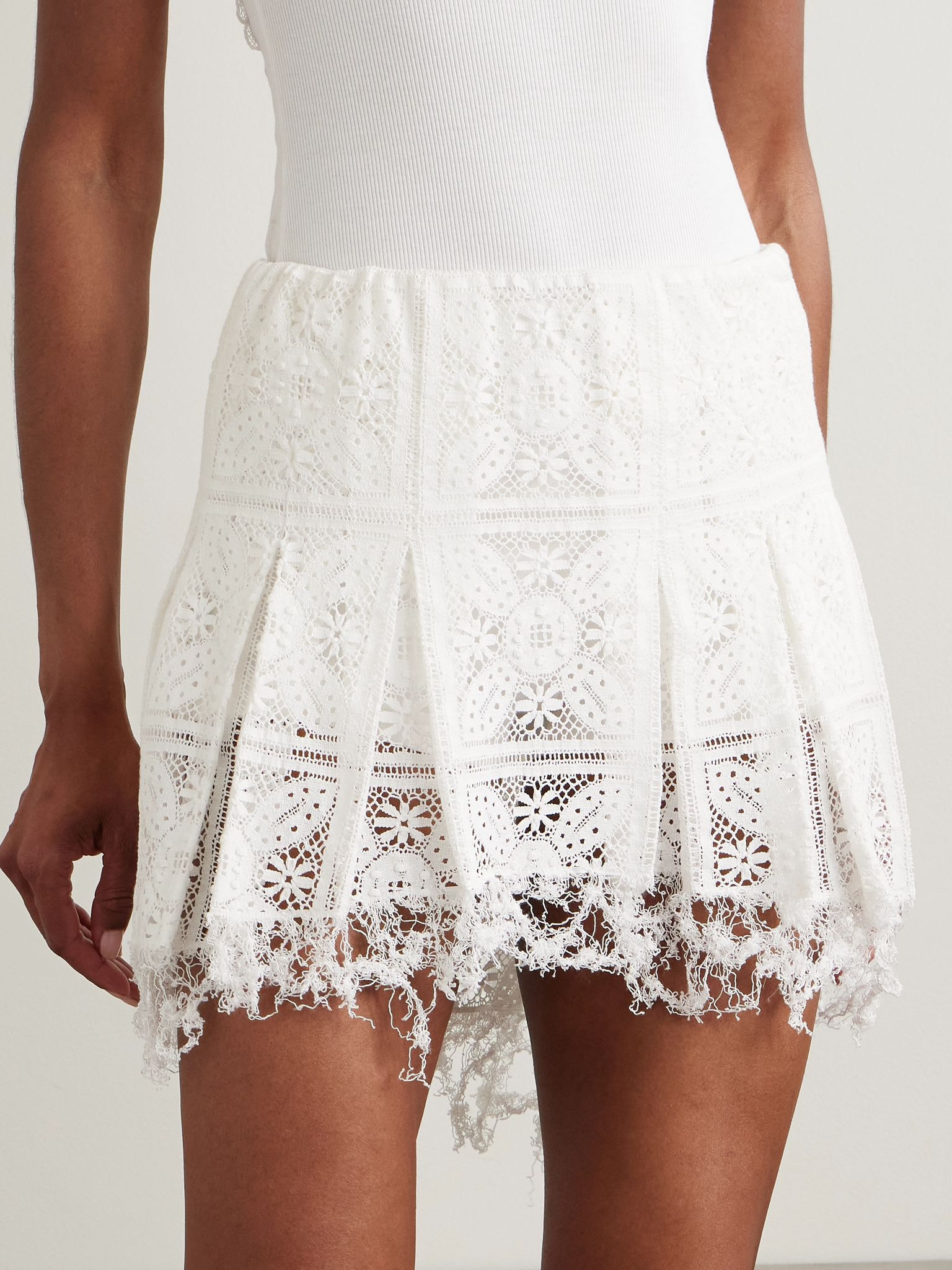 + Paula's Ibiza frayed pleated broderie anglaise cotton-blend jersey mini skirt White - 3