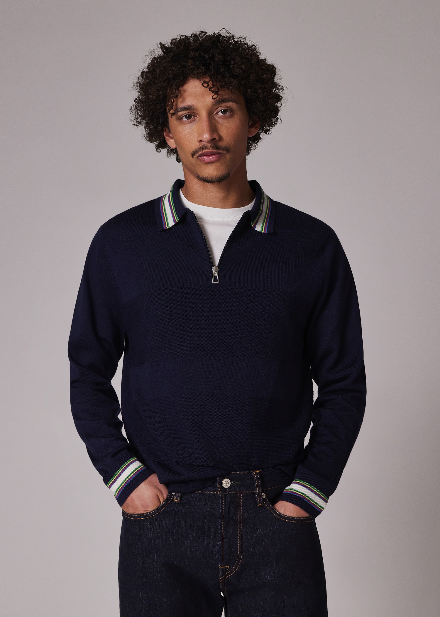 Navy Wool-Cotton Zip Neck Knitted Polo Shirt - 5