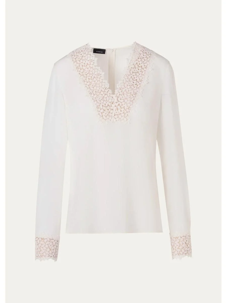 Lace V-Neck Long-Sleeve Blouse - 1