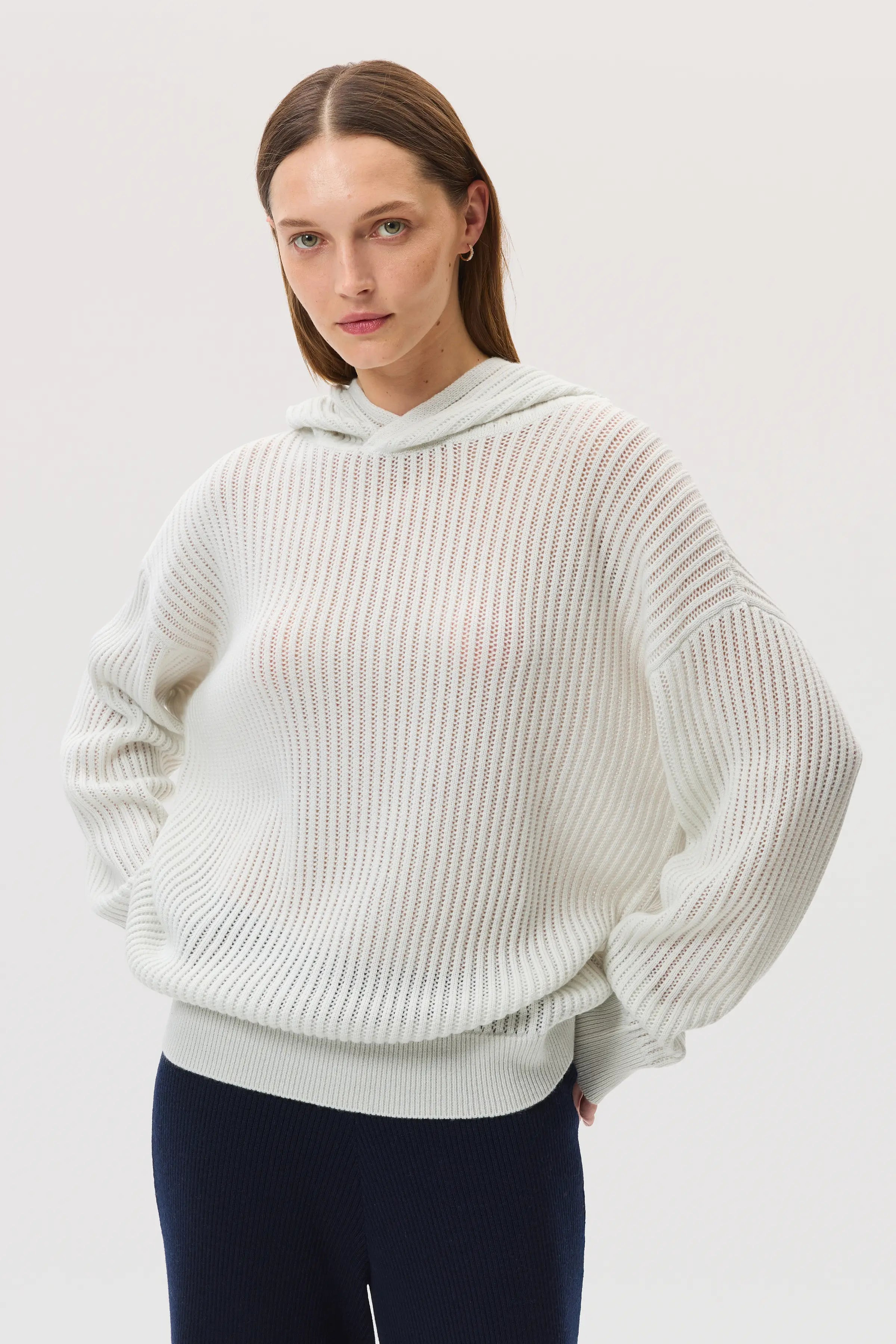 Mesh Rib Cashmere White Hoodie - 5